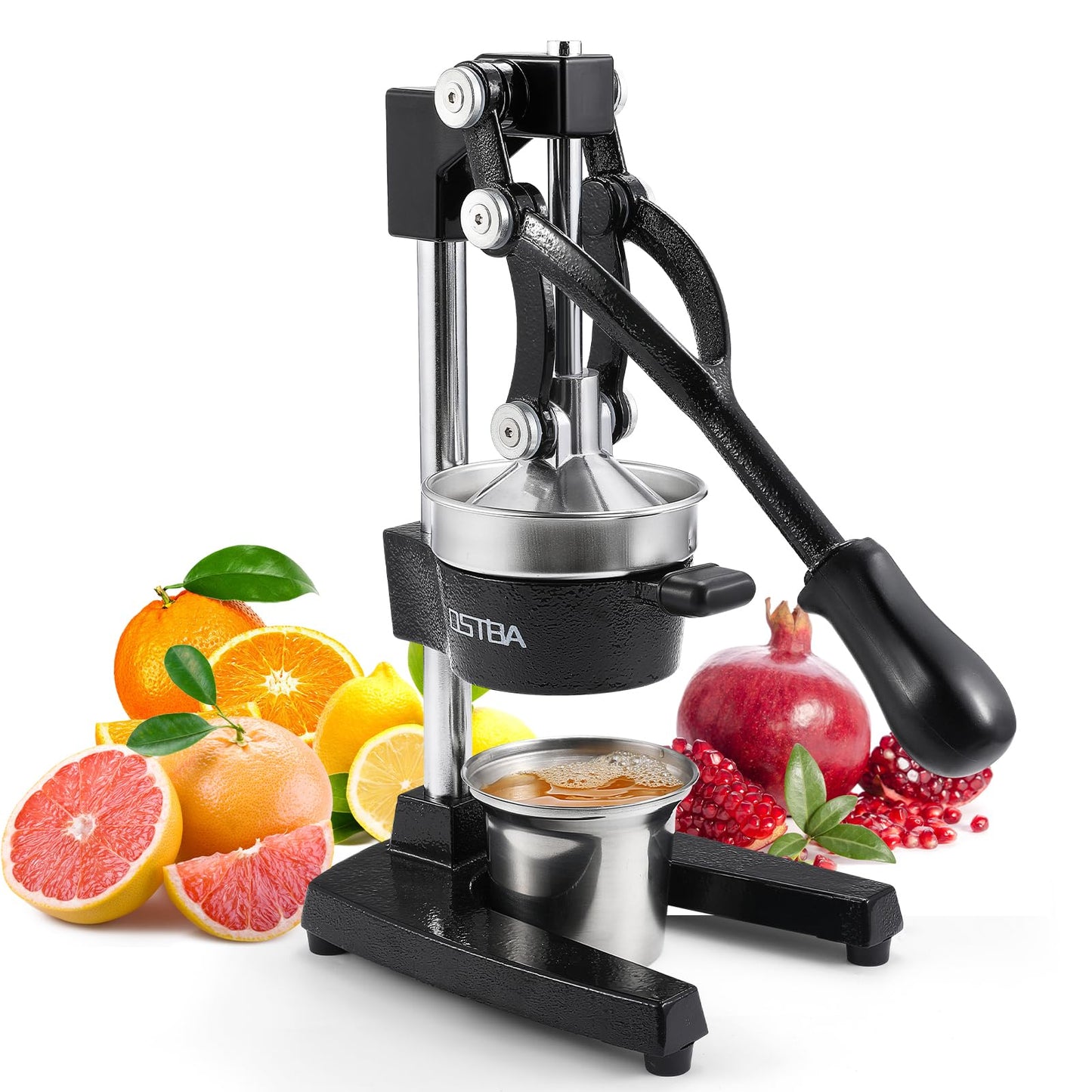 OSTBA Cast Iron Manual Citrus Juicer, Heavy Duty Hand Press Orange Juicer with Stainless Steel Cup & Strainer, Commercial Grade Lemon Squeezer for Orange, Lemon, Lime, Grapefruit, Pomegranate
