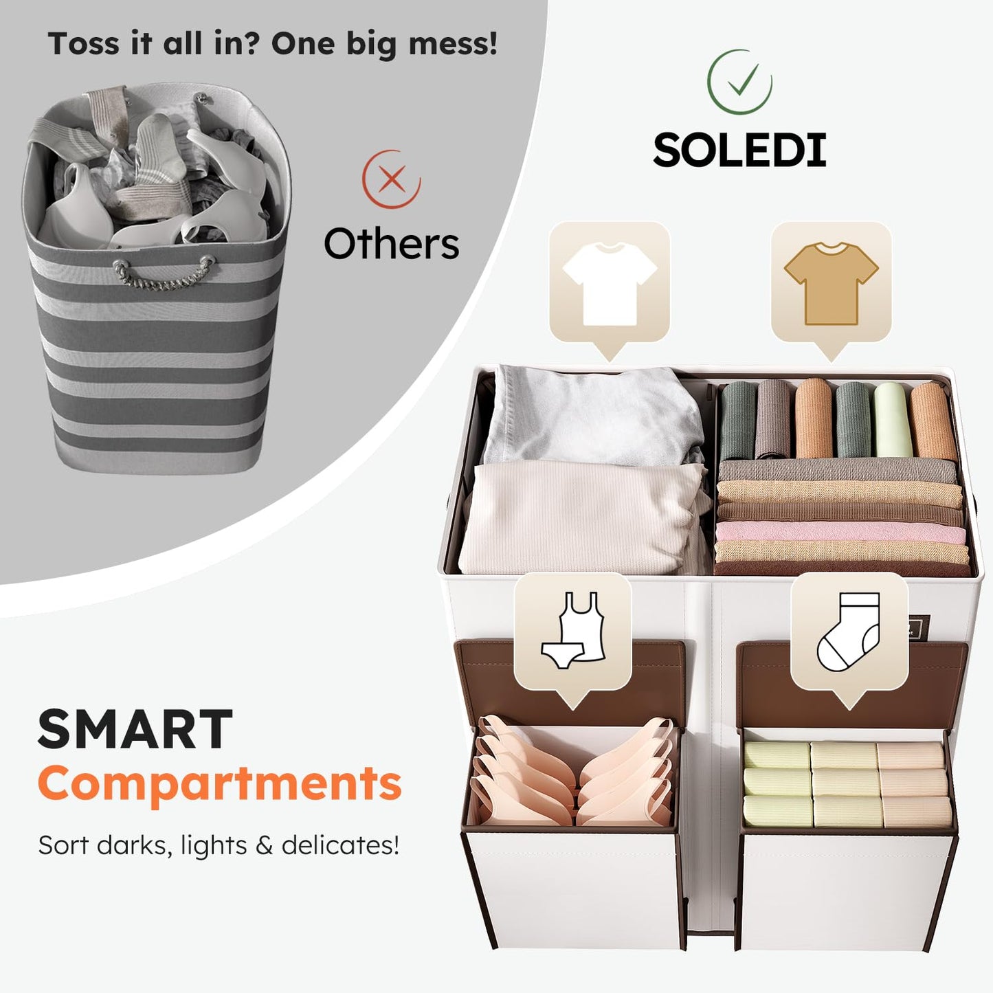 SOLEDI Double Laundry Hamper with Lid, 47.8 Gal (180L) Large Laundr Basket 2 Section with 2 Side Pockets, Dirty Clothes Hamper with Removable Bag, Easy to Carry for Laundry Room, Bedroom, Beige