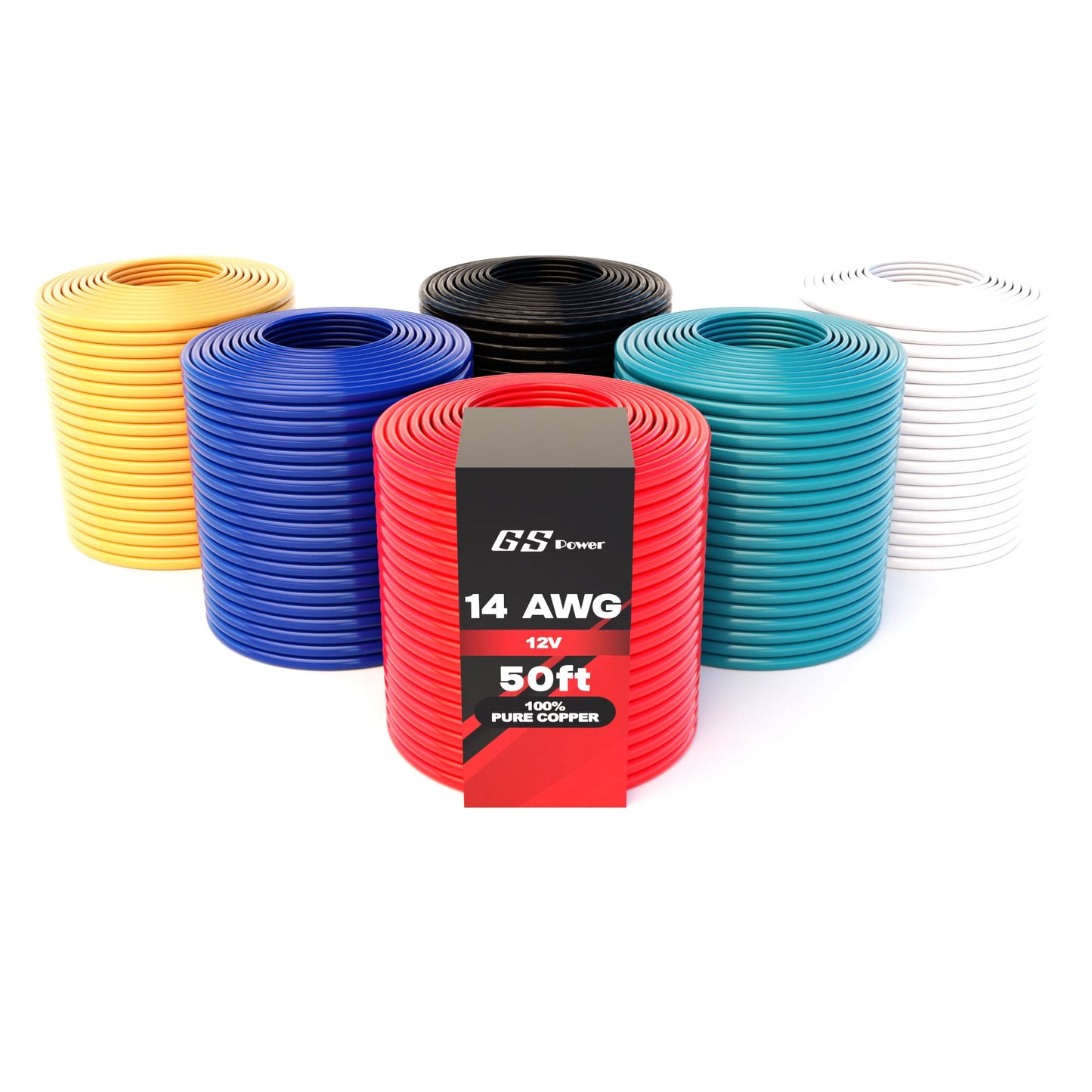 GS Power 100% Copper 14 AWG (American Wire Gauge) Automotive Primary Wire 6 Roll Color Combo (50 Feet Roll, 300 FT Total) for 12V Car Audio Video Trailer Harness Wiring (Also in 16 & 18 GA Combo)