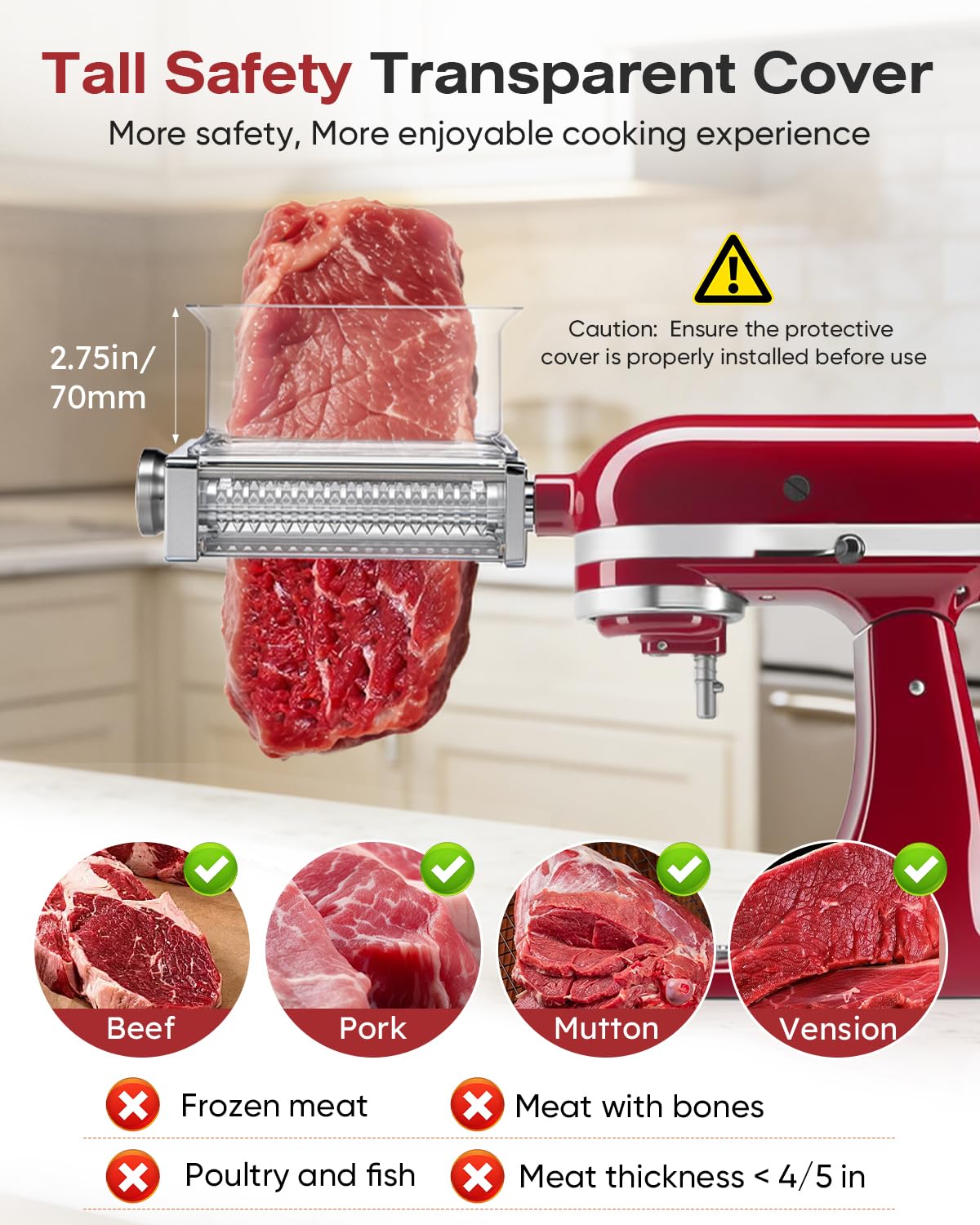 Adjustable Meat Tenderizer Attachment for KitchenAid Stand Mixers 3 Thickness Settings Tenderizer Machine with Wide Metal Wheel & Tall Chute Meat Tenderizer Tool (meat tenderizer)