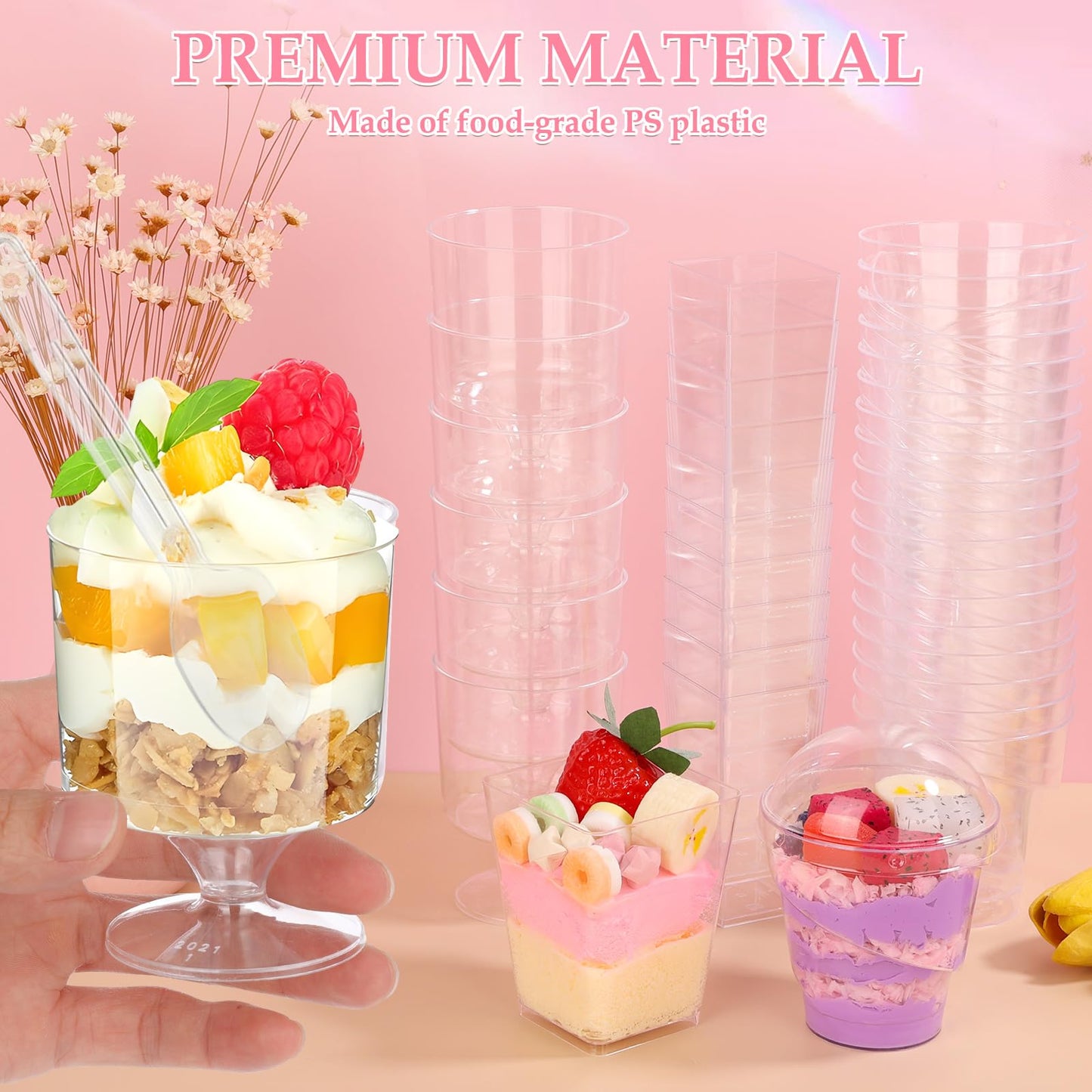 LifeisLuck 435 PCS Plastic Dessert Cups with Lids and Spoons, 5 oz and 3 oz Mini Clear Shooters Cups for Desserts, Appetizer, Ice Cream, Pudding, Jelly, Fruit, Mousse