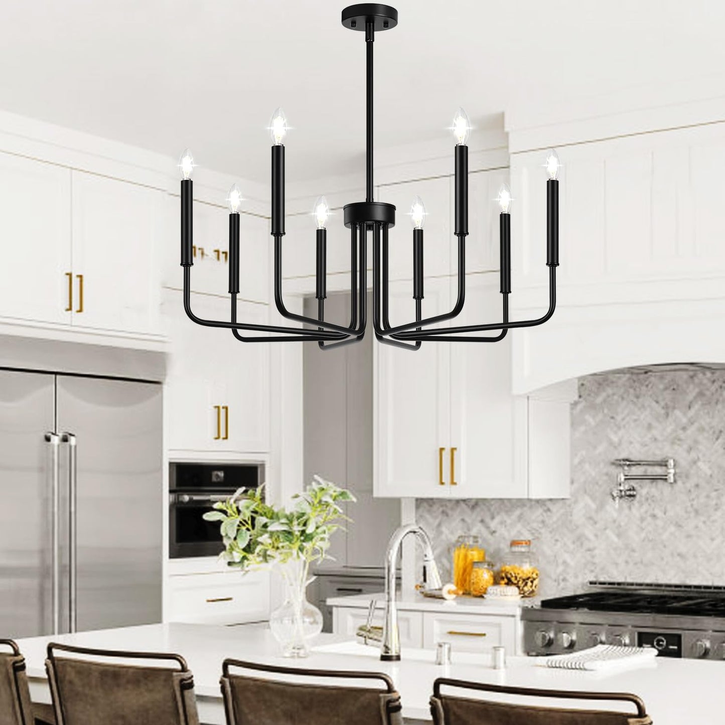 Lynnoland Black 8-Light Chandelier, Farmhouse Chandelier for Dining Room Lighting Fixtures Hanging, Vintage Candle Pendant Light Fixtures Chandelier for Bedroom, Foyer and Living Room