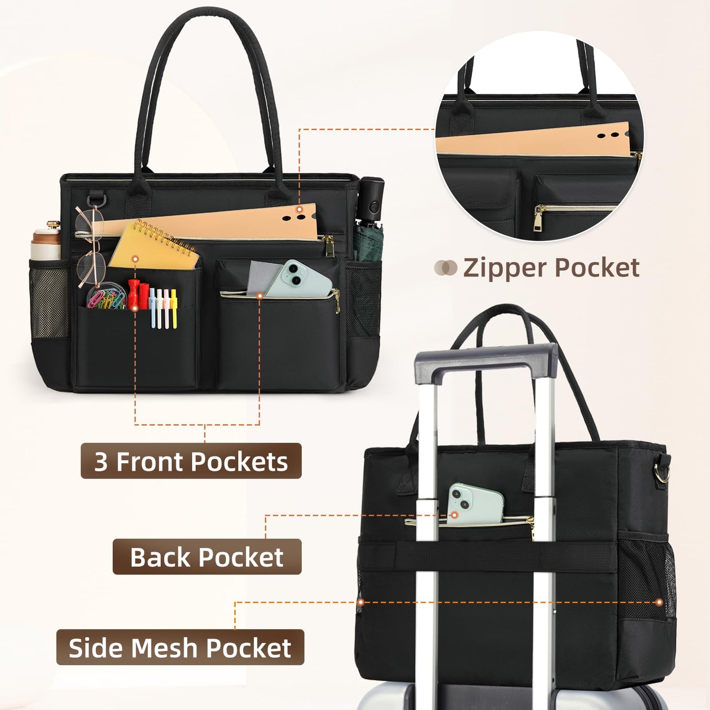 RAINSMORE Laptop Bag for Women 15.6 inch Work Teacher Tote Bag Nurse Bag Professional Laptop Tote Computer Messenger Shoulder Bag Large Handbag Business Office Work Bag Briefcase Black