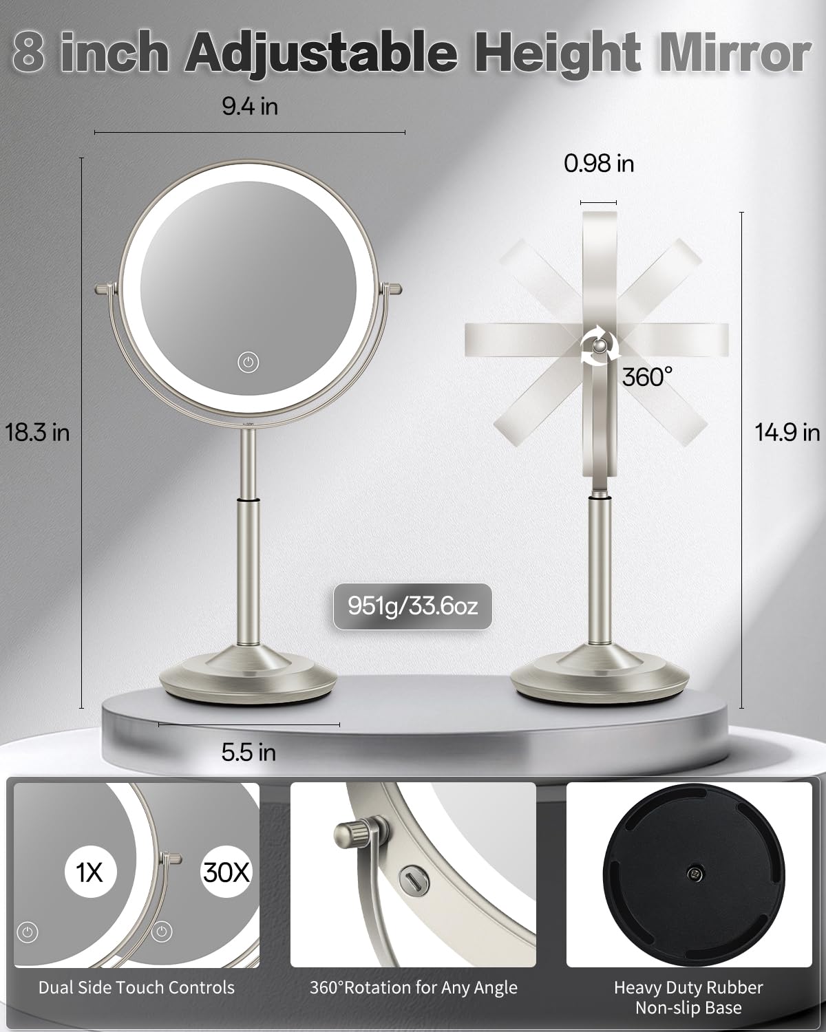 VFD 30X/1X Makeup Mirror with Lights, Height Adjustable Lighted Magnifying Vanity Mirror with 3 Lighting and Adjustable Brightness, 3000mAh Rechargeable Double Sided Switch for Desk Women Gift