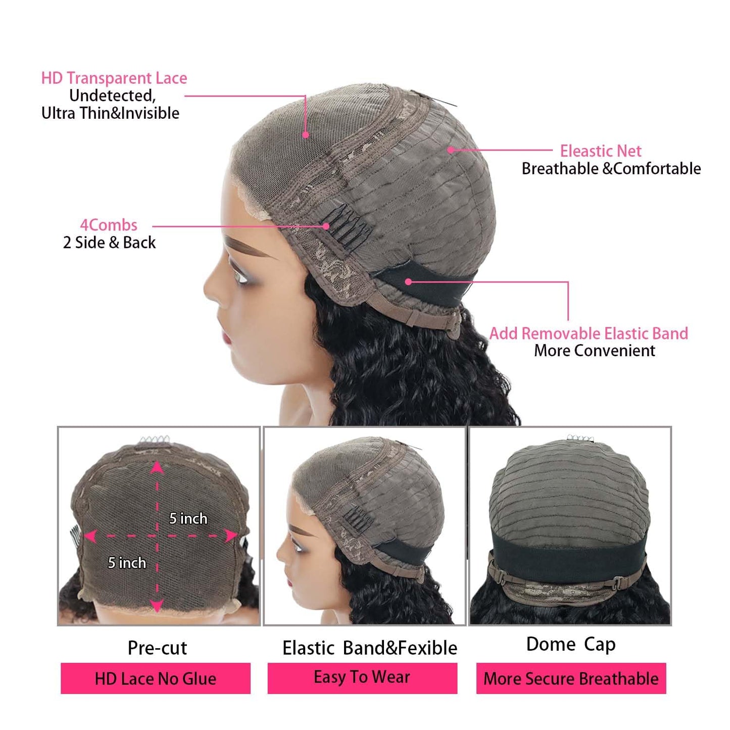 Simeider Glueless Wigs Human Hair Pre Plucked Pre Cut 5X5 HD Lace Closure Wigs Human Hair Wigs for Black Women 180% Density Water Wave Human Hair Wigs 5X5 Deep Curly Closure Wigs 24 Inch
