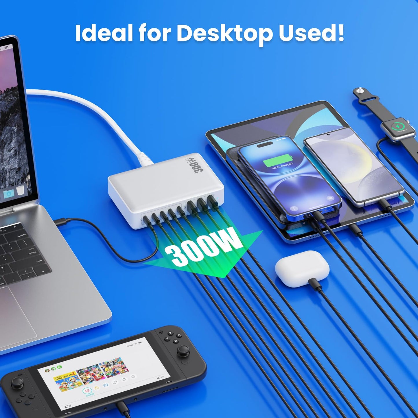 USB C Charger 300W USB C Charger Block 8-Ports GaN IV Fast Charging Station,PD 100W Laptop Charger Hub Wall Charger Adapter Compatible with MacBook/Air,DELL,Steam Desk,iPhone 16/15/14,Galaxy S24 etc