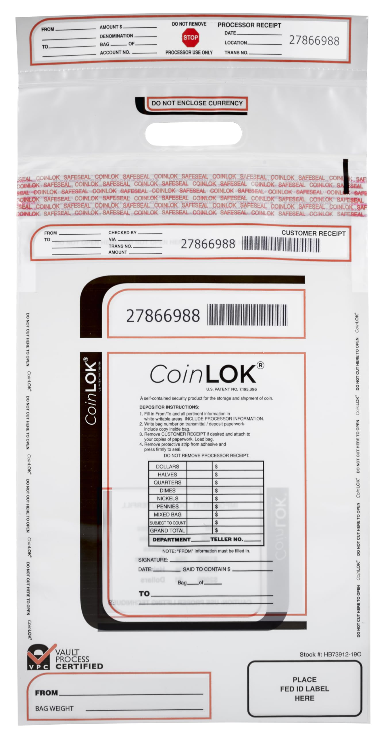 ControlTek CoinLok 12" x 24.5", Clear, 50 Bags, Tamper Resistant Coin Bag, Cash Register Money Bag for Bank Deposit, Security Bags Hold Up To 50lbs of Coins 585100