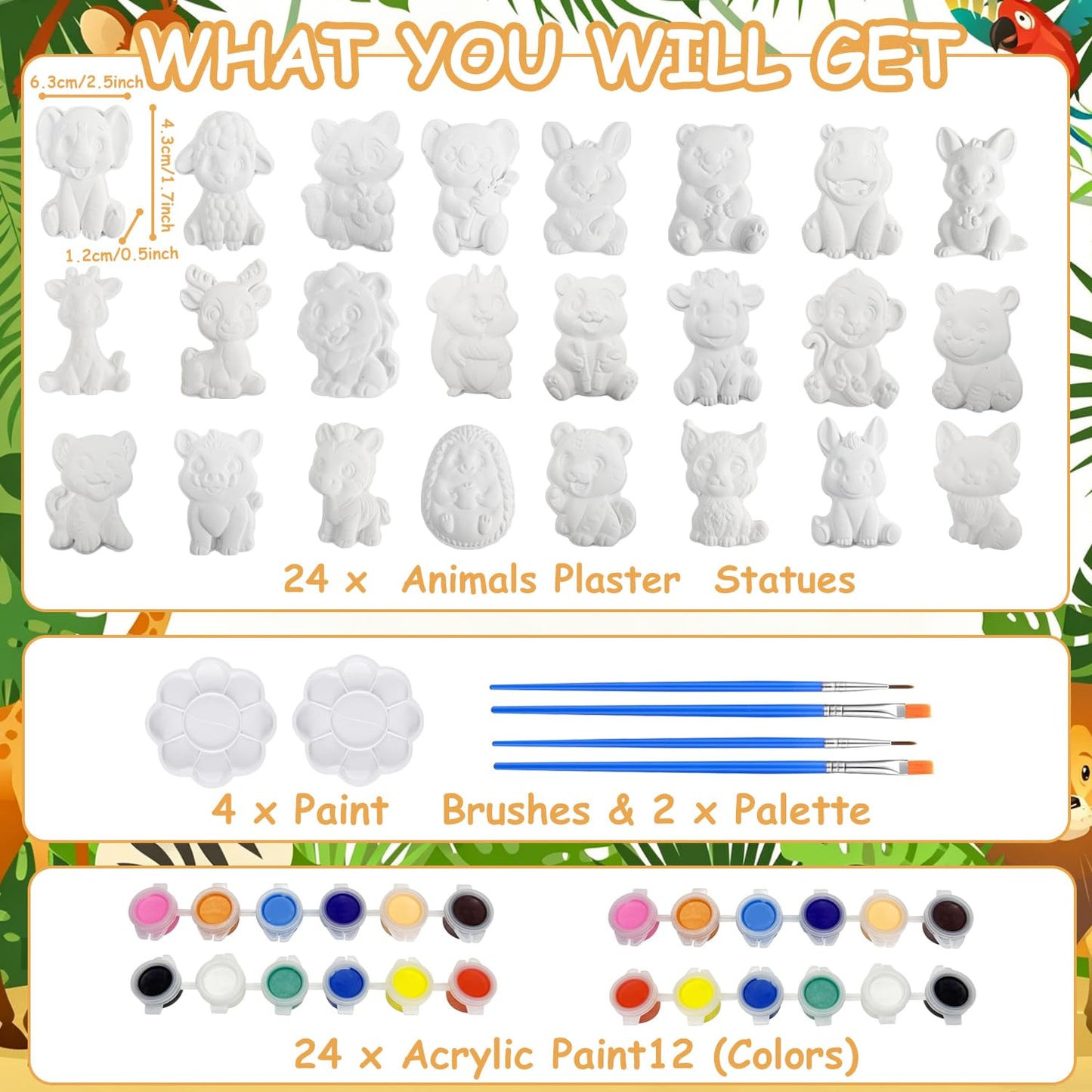 Yamgqus 24 Pcs Paint Your Own Plaster Jungle Animals Painting Kit, DIY Ceramic Arts and Crafts for Kids and Adults, Children Birthday Gift Party Event (Animal)