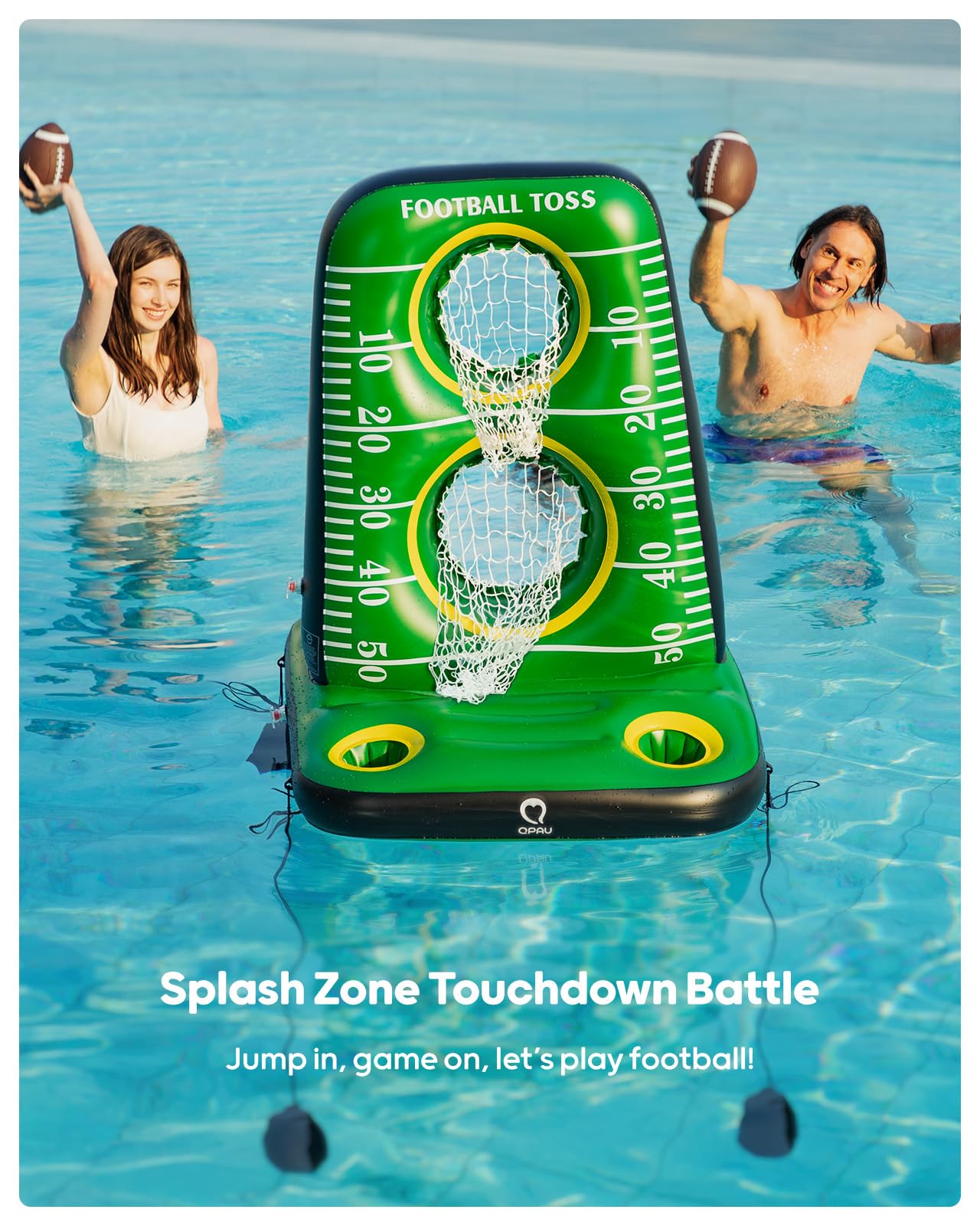 QPAU Inflatable Football Toss Game for Pool – Water Football Target with 4 Balls & 2 Pumps, Dual Net Design, Stable Base, Summer Pool Game for Kids & Adults