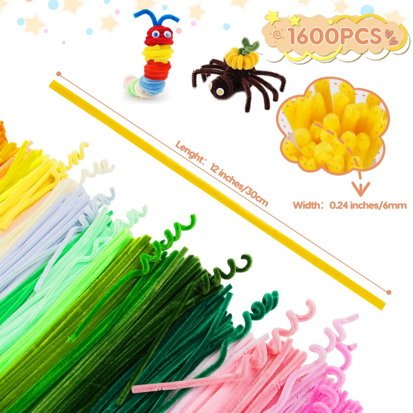 1600 Pieces Pipe Cleaners Craft Supplies, Multi-Color Chenille Stems, Multi-Color Craft Pipe Cleaners Bulk for DIY Art and Craft Projects (6mm x 12 Inch)