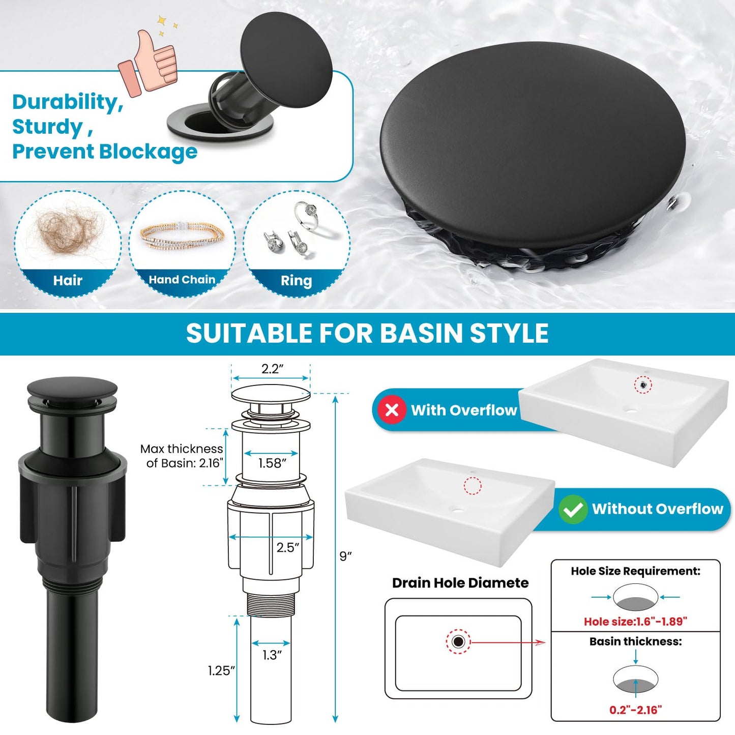 gotonovo Vessel Sink Faucet Modern One Hole Bathroom Faucet Deck Mount Lavatory Vanity Single Handle Mixer Tap with Water Supply Hose and ABS Pop Up Drain Matte Black