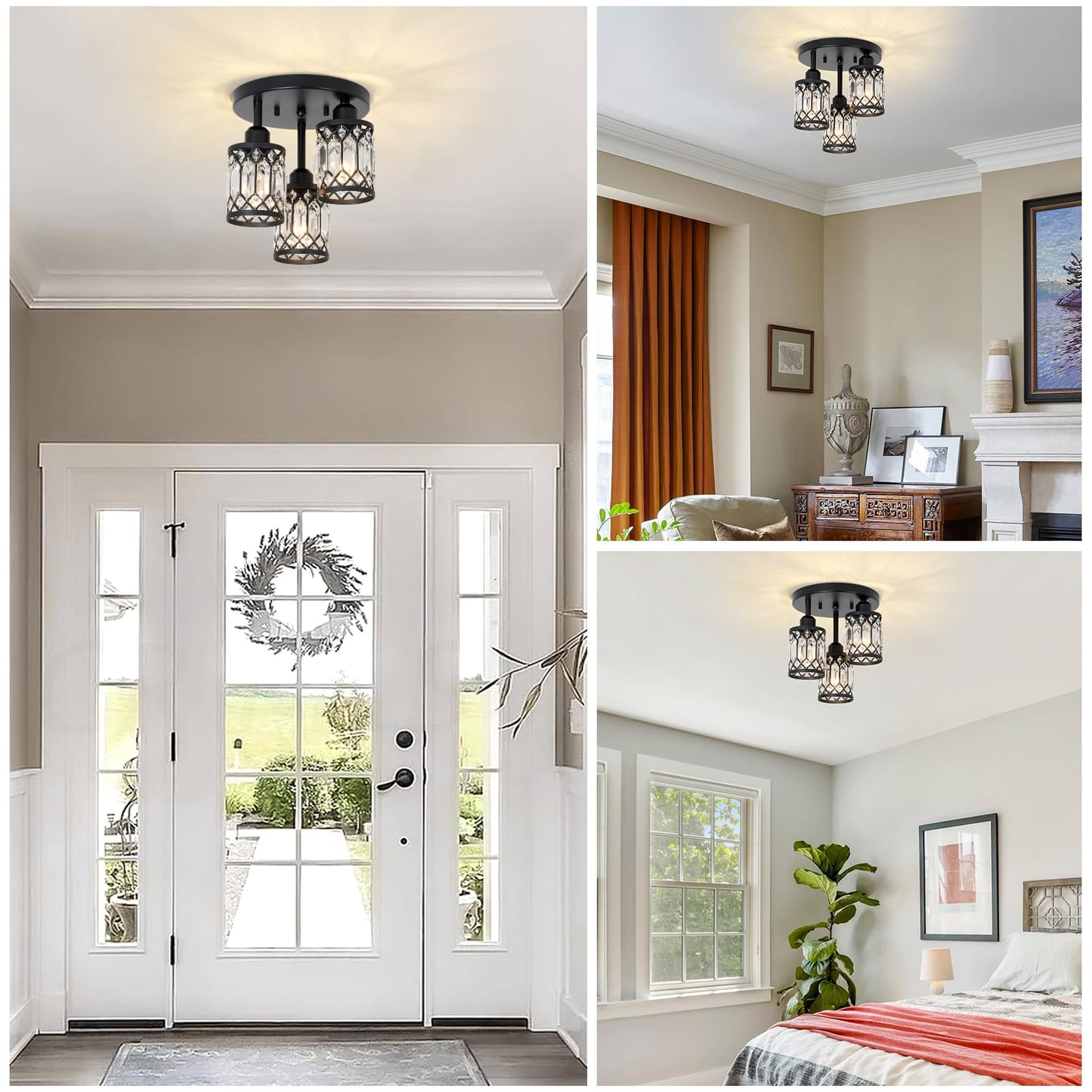 PAUFUL Semi Flush Mount Ceiling Light,3-Light Modern Crystal Close to Ceiling Light Fixtures, Black Kitchen Light Fixtures with Clear Crystal Shade,Hallway Light Fixtures for Hallway Bedroom Bathroom