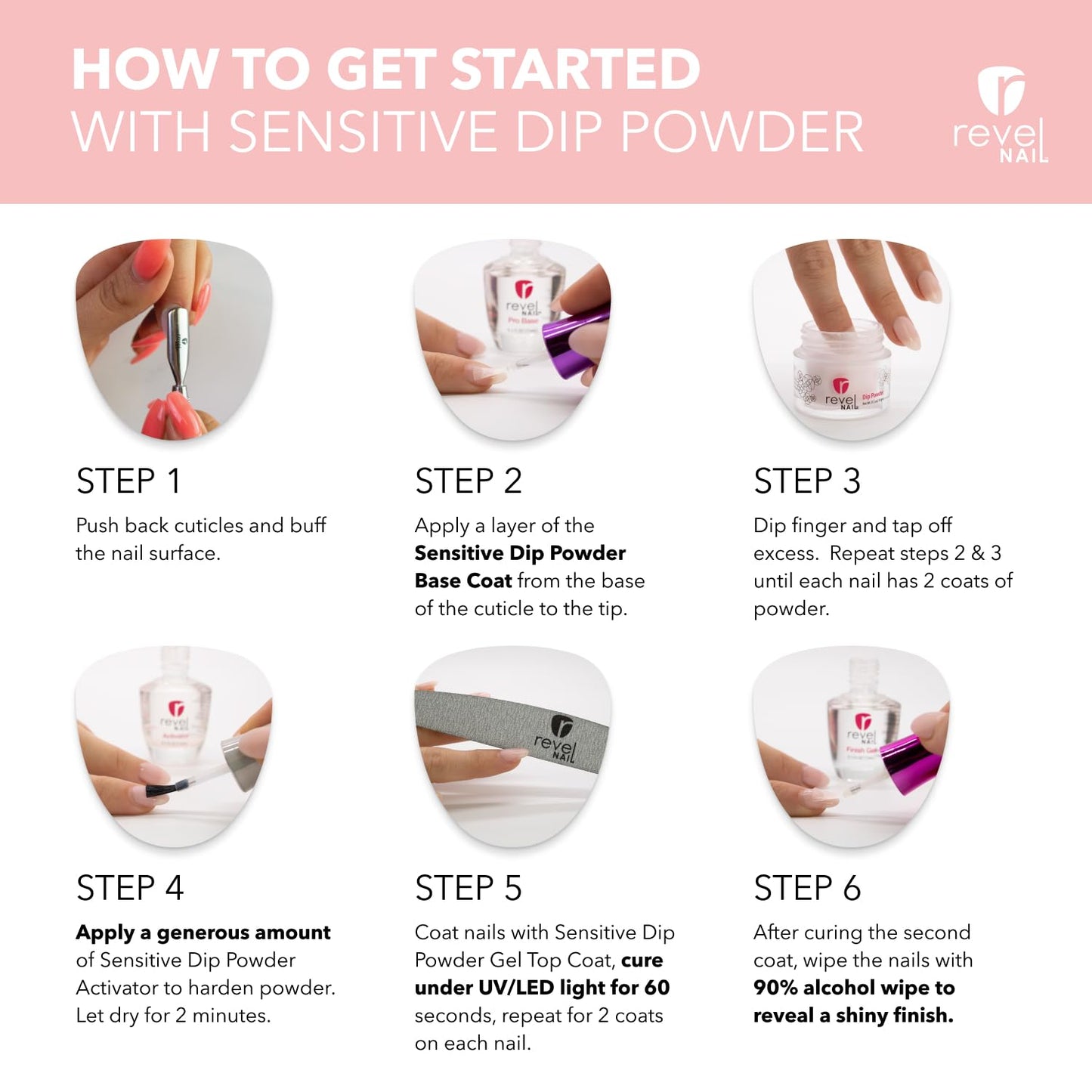 Revel Nail Sensitive Dip Powder Liquid Set - Dip Powder Base Coat, Dip Powder Activator, Gel Top Coat, Hema Free, Suitable for Sensitive Nails