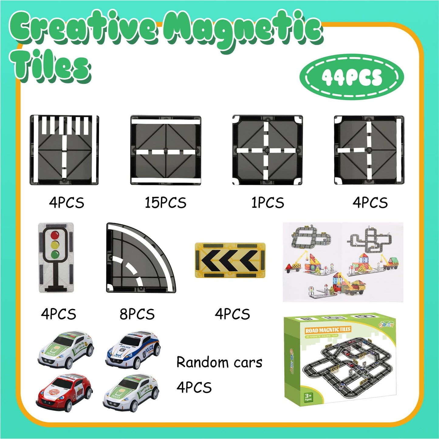 Magnetic Tiles Road Set with Pullback Car, Magnetic Tiles for Kids Ages 3-5 4-8, Magnetic Building Tiles for Toddler Kids Boys Girls, Creative STEM Building Toy & Learning Educational Magnet Toys