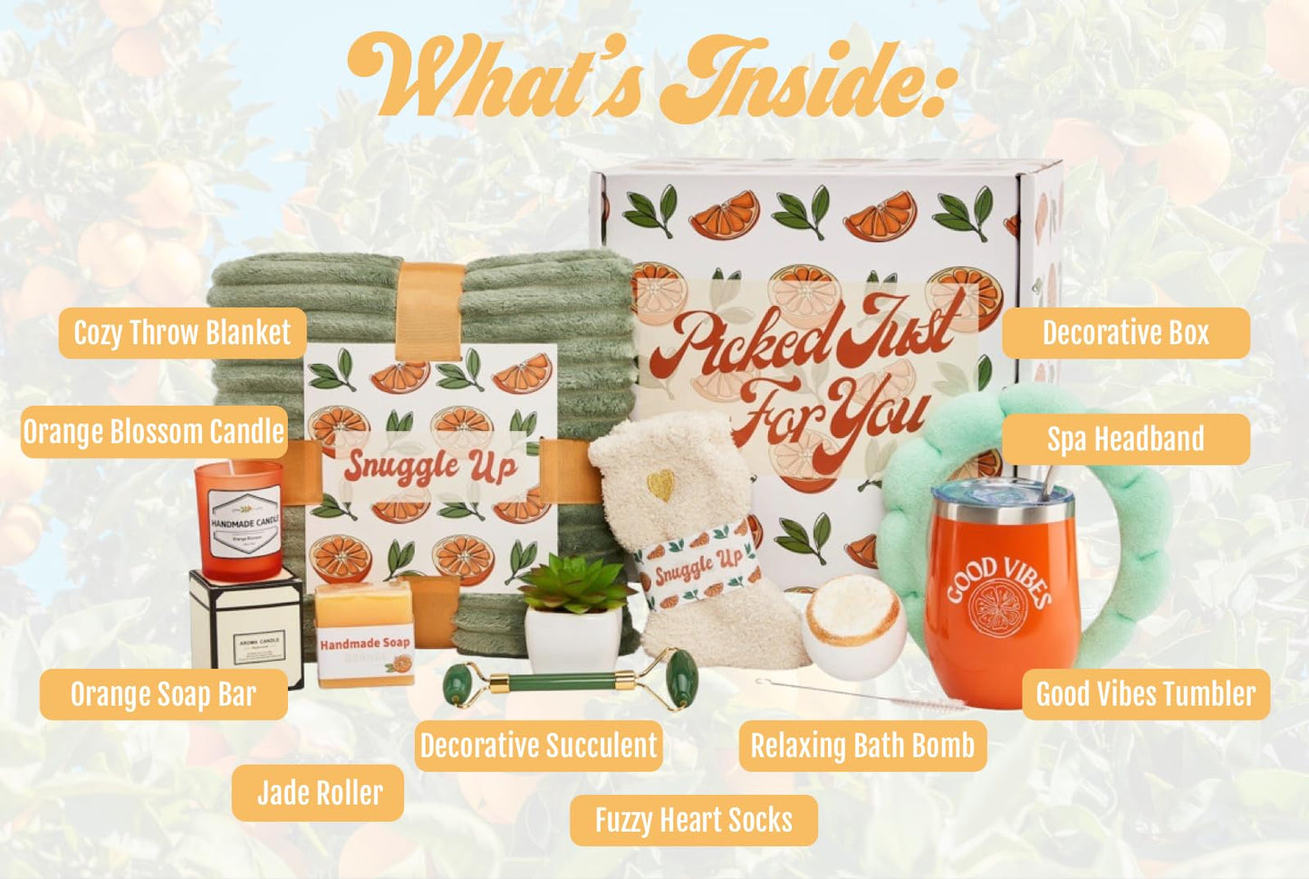 Sunny&Wise Care Package For Women - Designed in USA - Self Care Gifts After Surgery, Get Well Soon, Orange Fruit Themed, Thinking of You, 12 Oz Good Vibes Tumbler