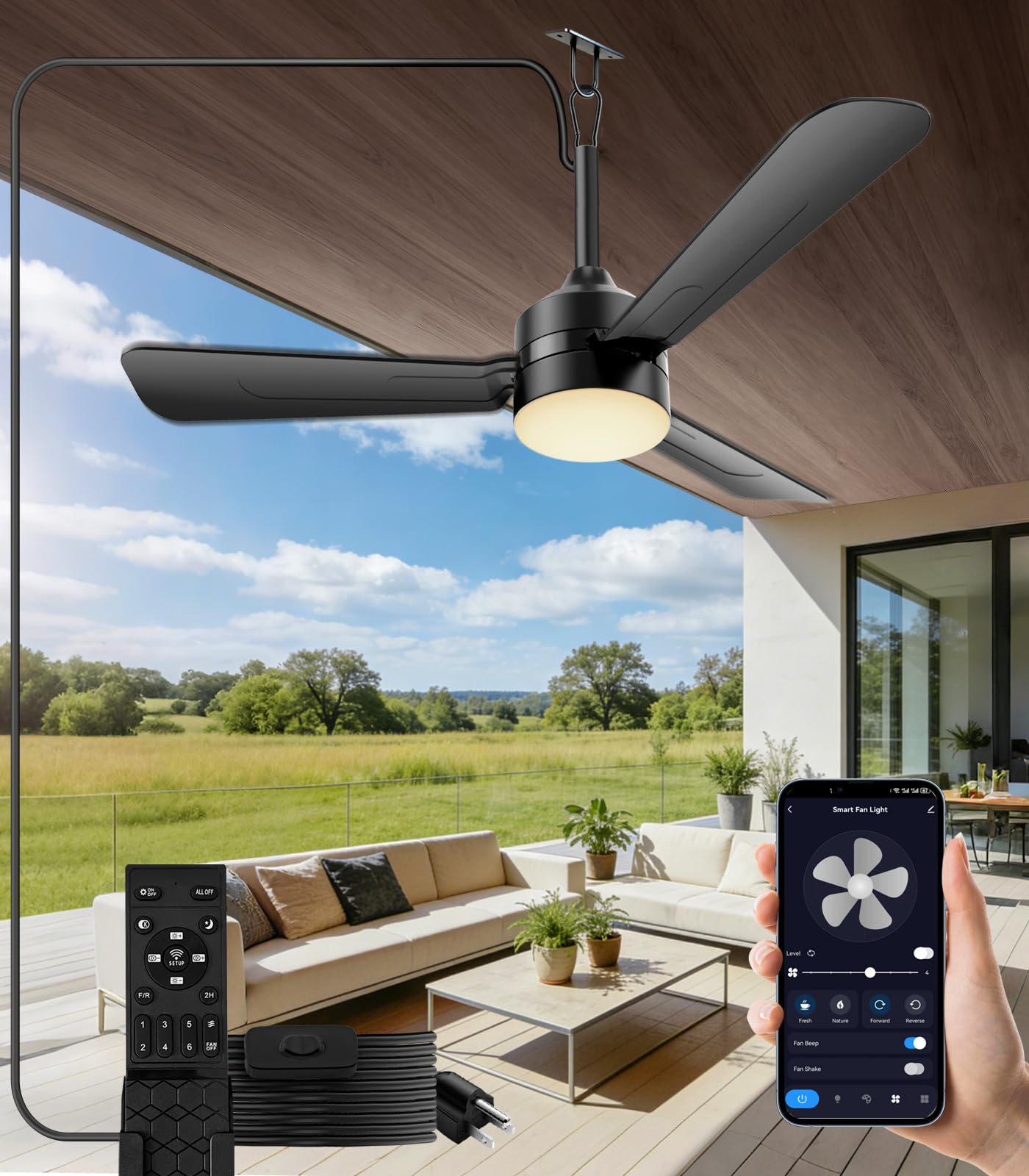 aetherlume 36 inch Plug-in Ceiling Fan Light with Remote Control,gazebo fan light,3 Blade, Dimmable 3CCT LED, Reversible,Portable Hook Design with16ft Cable for Bedroom Garage Tent Porch Kitchen