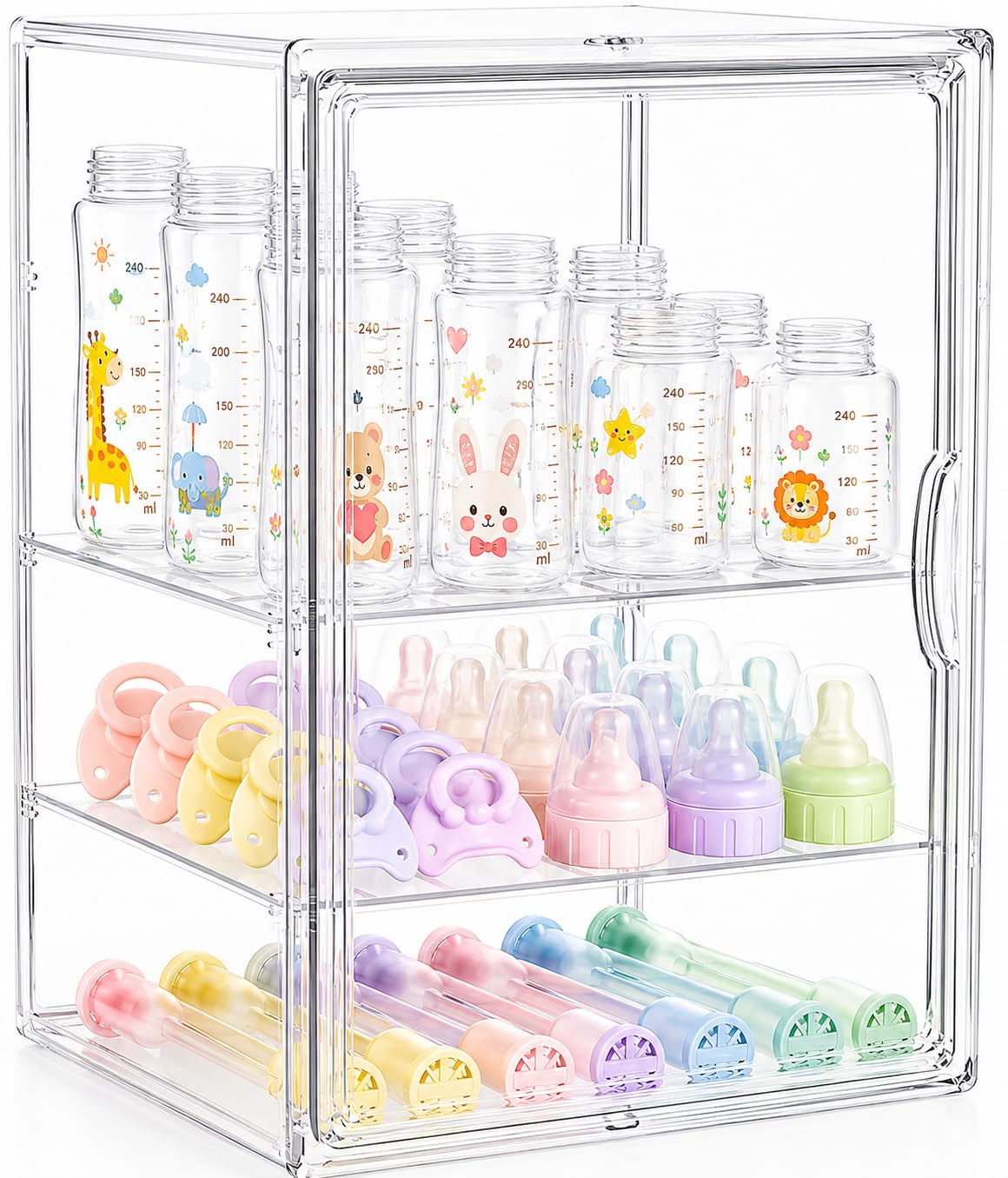 Heliospark Baby Bottle Storage Organizer for Countertop, X-Large Clear Bottle Organizer, Baby Bottle Storage Organizer for Bottles, Nipples, Pump Parts & Food Jars, Nursery Cabinet, Kitchen Pantry