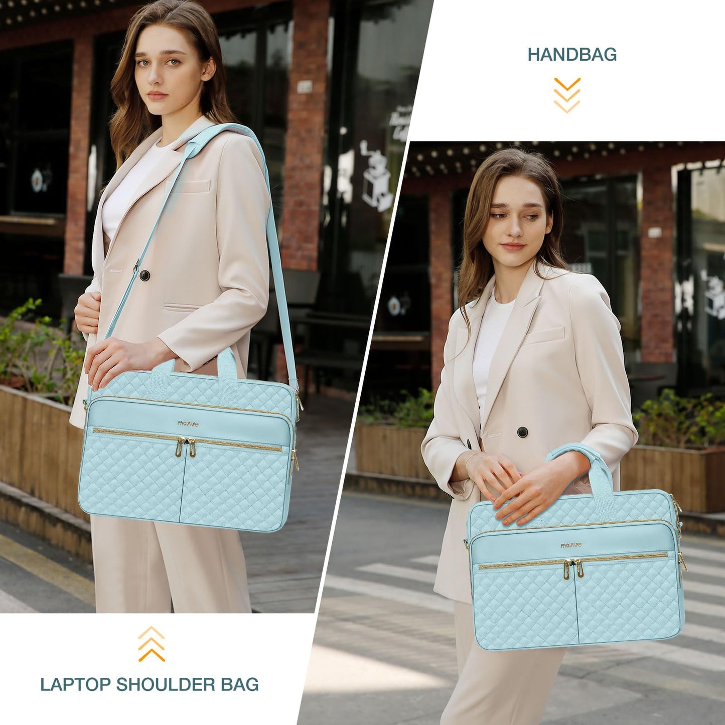 MOSISO 15-16 inch Laptop Bag, Laptop Briefcase Messenger Compatible with MacBook Pro 16/Air 15, HP, Dell, Lenovo, Square Quilted Computer Bag Work Office Business with 3 Pockets&Strap, Ice Blue