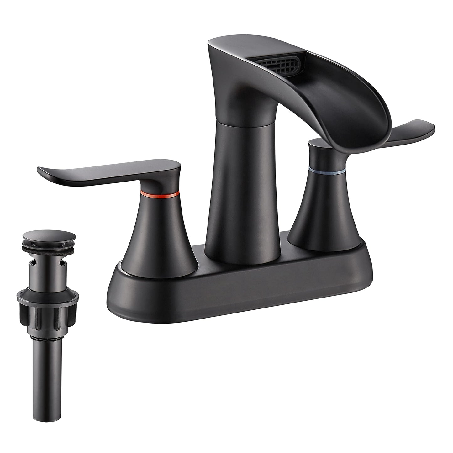 YUNDOOM Bathroom Faucet, 4 Inch Centerset, Waterfall, 2 Handle, Matte Black, 3 Hole, 360 Degree Swivel Spout, Pop Up Drain Included