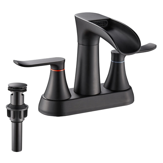YUNDOOM Bathroom Faucet, 4 Inch Centerset, Waterfall, 2 Handle, Matte Black, 3 Hole, 360 Degree Swivel Spout, Pop Up Drain Included