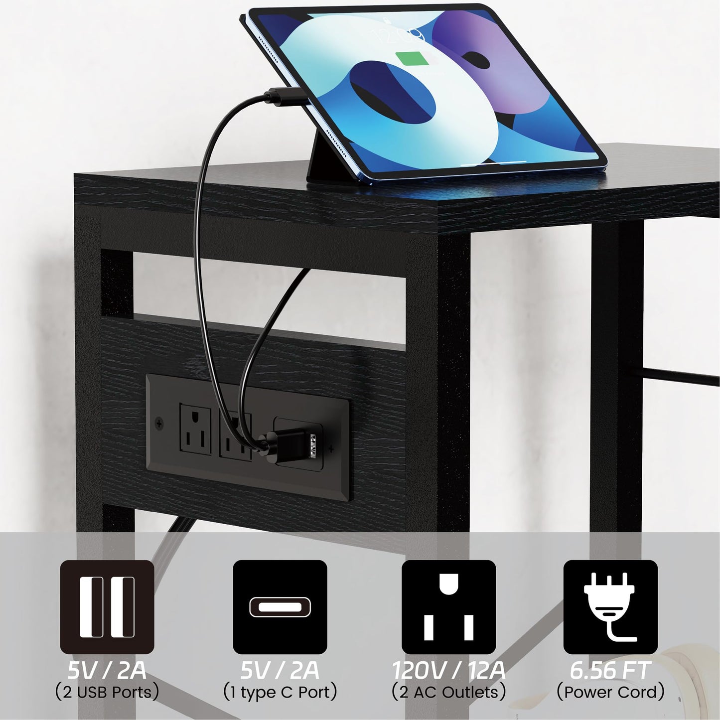 YAKANJ End Table with LED Light,Record Player Stand with Charging Station,Vinyl Records Storage,Turntable Stand Albums Storage for Music Room Studio-Industry Black