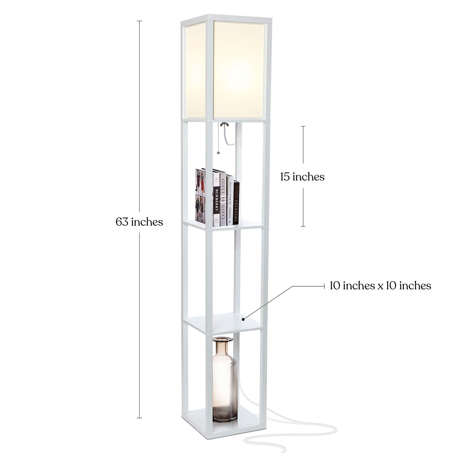 Brightech Maxwell - Modern Shelf Floor Lamp with Lamp Shade & Warm White LED Bulb, Corner Display Floor Lamp with Shelves for Living Room, Bedroom, Nightstand Office, Home Decor Storage - White