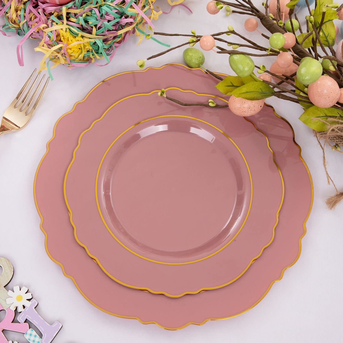 Nervure Purple Plastic Plates 100 Packed- Mauve and Gold Disposable Plates & Gold Plastic Silverware with Purple Handle For Wedding&Coming Spring Parties - Served for 20Guests