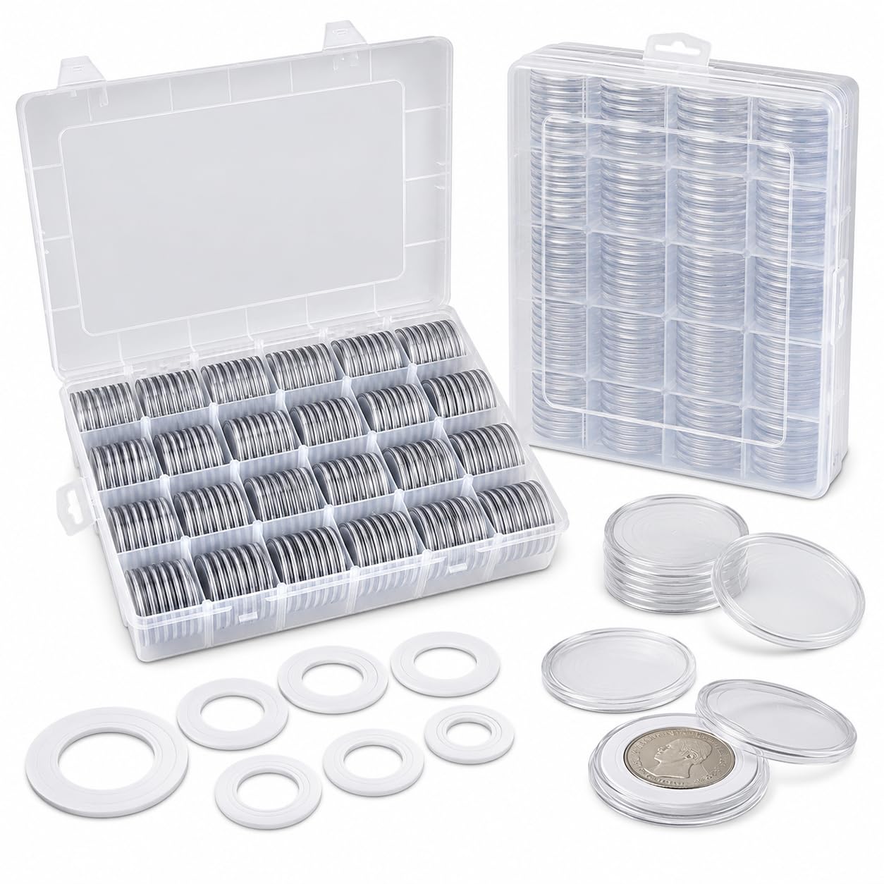 FULLCASE Coin Holders for Collectors–168Pcs Coin Capsules with 6-Size Foam Gaskets (20-46mm) for Silver Dollars Eagles & Foreign Coins, Airtight Coin Storage Box Organizer Collecting Supplies