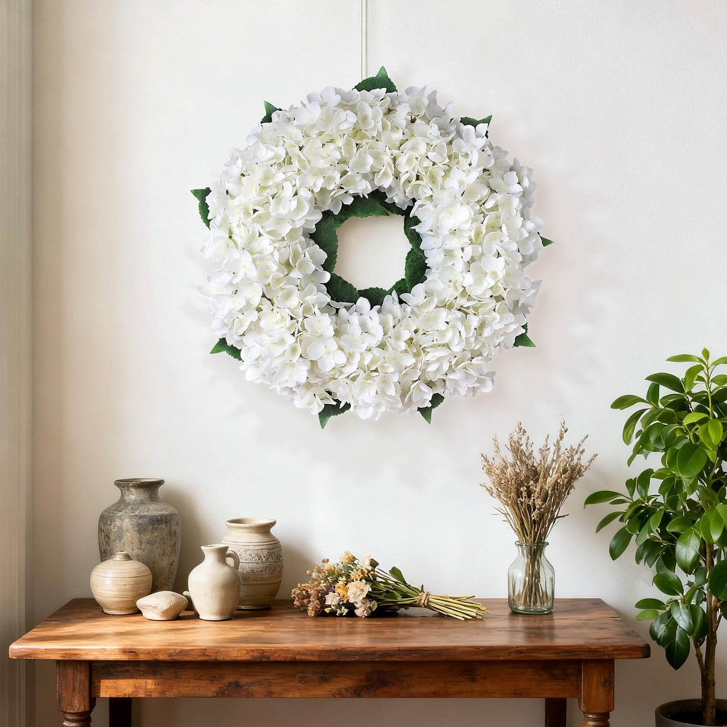 Artificial Hydrangea Wreath for Front Door, 21" Spring Summer White Flower Wreath, Faux Hydrangeas Leaves for Home Mantel Wall Farmhouse Decor
