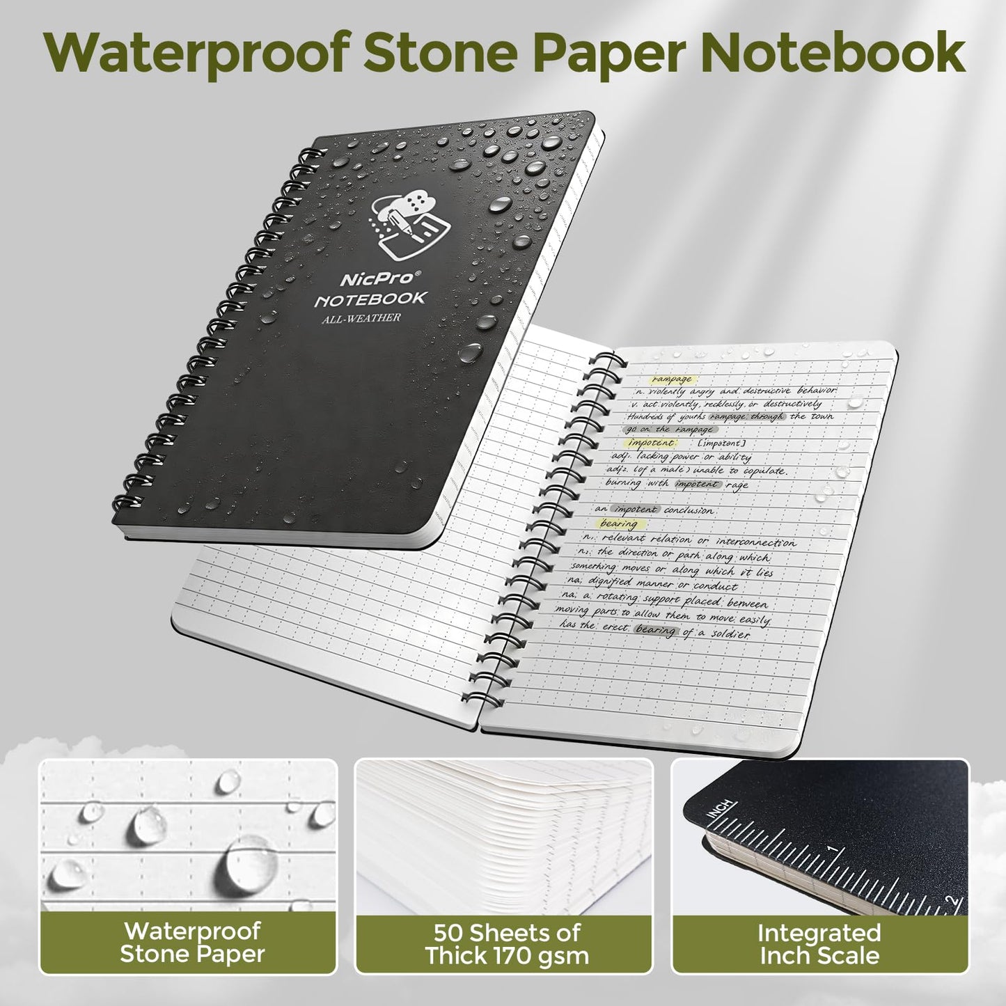 Nicpro Waterproof Notebook with 1.3mm Mechanical Pencil Set, TPU Fabric Cover, 4.8"x7" Stone Paper Notebook, Carpenter Pencil 1.3 with Lead Refill & Eraser for Outdoor Journal Travel Drafting Drawing