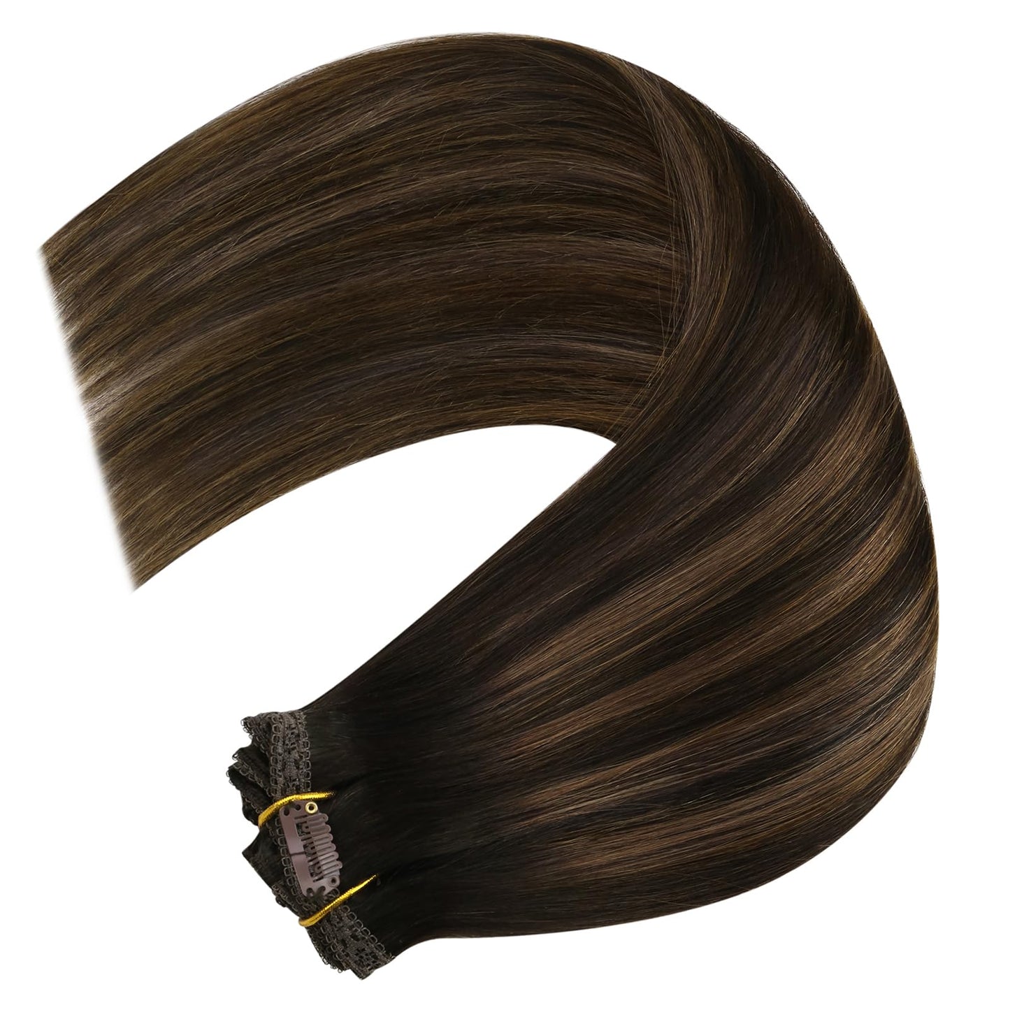 YoungSee Clip in Hair Extensions Human Hair Blayage Clip in Hair Extensions Real Human Hair Dark Brown Mix Medium Brown Highlights Brown Balayage Straight Hair Extensions Clip ins 18In 120G 7Pcs