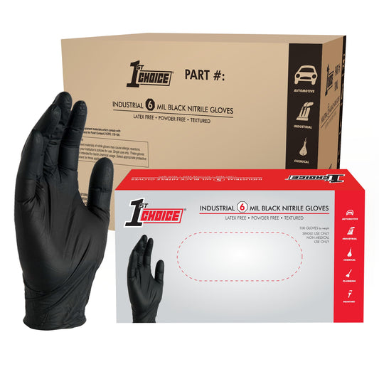 1st Choice Black Nitrile Disposable Cleaning Gloves, Large, 6 Mil, Latex-Free, Textured, Case of 1000
