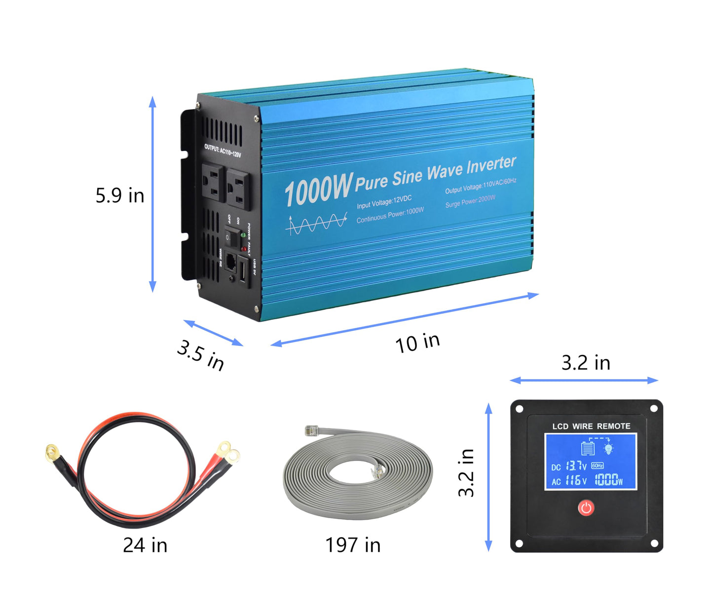 Fit4Less Pure Sine Wave Power Inverter 1000W DC12V to AC 110V with Dual sockets and USB, LCD Remote kit. (1000W)