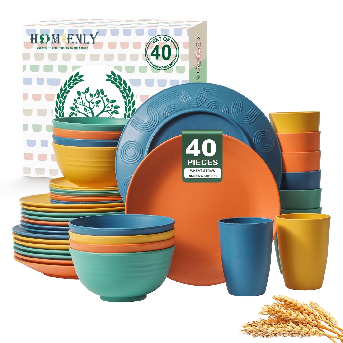 Homienly 40-Piece Premium Wheat Straw Dinnerware Sets, Service for 8, Unbreakable Plates and Bowls Set - Cups Sets, Dinner Plates, Bowls for Kitchen,Dishwasher and Microwave Safe Dishes Set - Multi