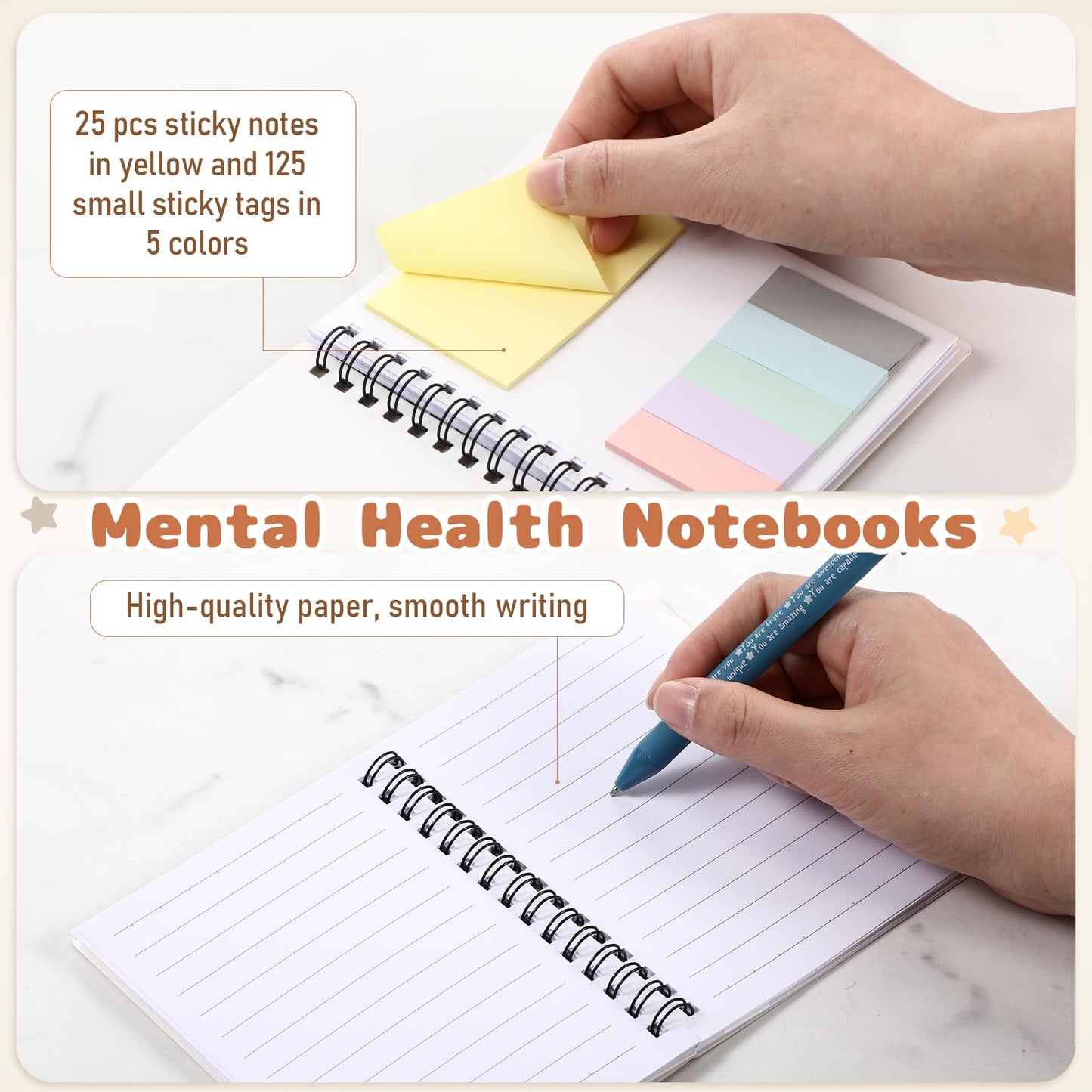 Janlaugh 40 Pcs Mental Health Gifts for Women Men Self Care Items Bulk Include 20 Mental Health Notebooks with Sticky Note 20 Positive Pens Affirmation Journals Wellness Gifts for Coworker Student