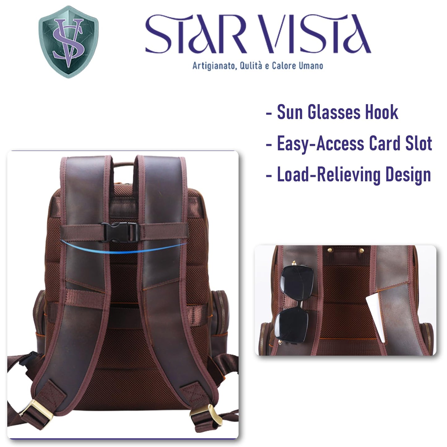 STAR VISTA Nettuno15.6 Vintage Full Grain Leather Laptop Backpack for Men, Multi Pockets, Casual Outdoor Business Travel Rucksack, YKK Zippers