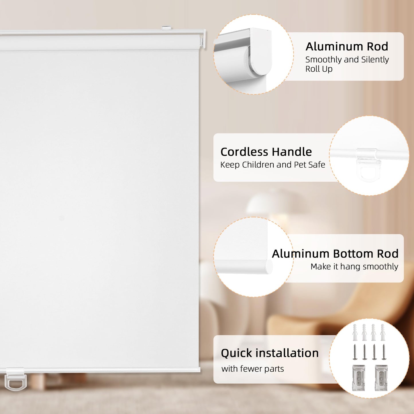 ChrisDowa Cordless Blackout Roller Shades for Windows, Thermal Insulated UV Protection Pull Down Shades, Total Blackout Window Blinds for Home, Office, Bedroom, Door (30" W x 72" H, White)