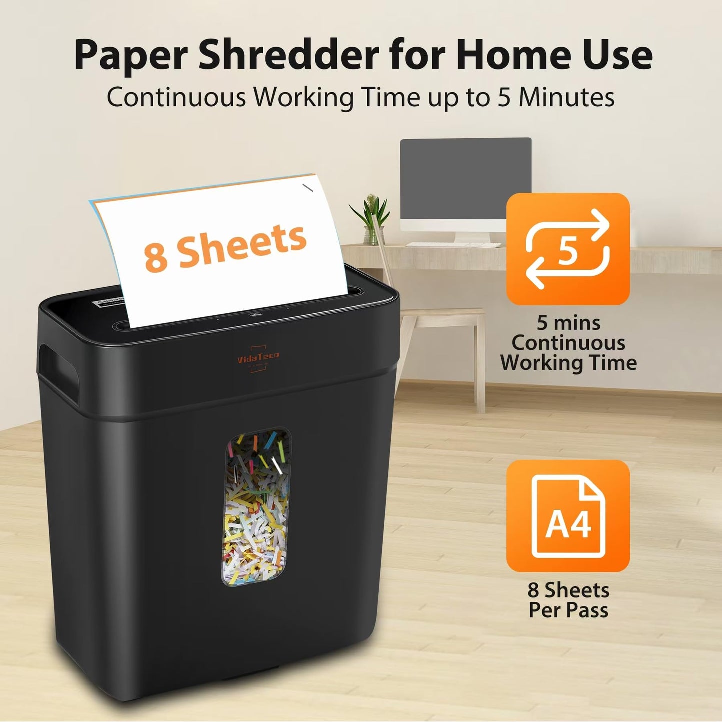 VidaTeco 8-Sheet Cross Cut Paper Shredder for Home Office, 3.04-Gallon Bin