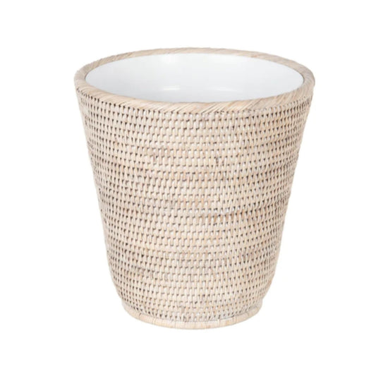KOUBOO La Jolla Rattan Wastebasket with Plastic Insert, Handmade, Trash Can, Small Wastebasket, Bedroom, Bathroom, Vanity, RV, Dorm, White Wash