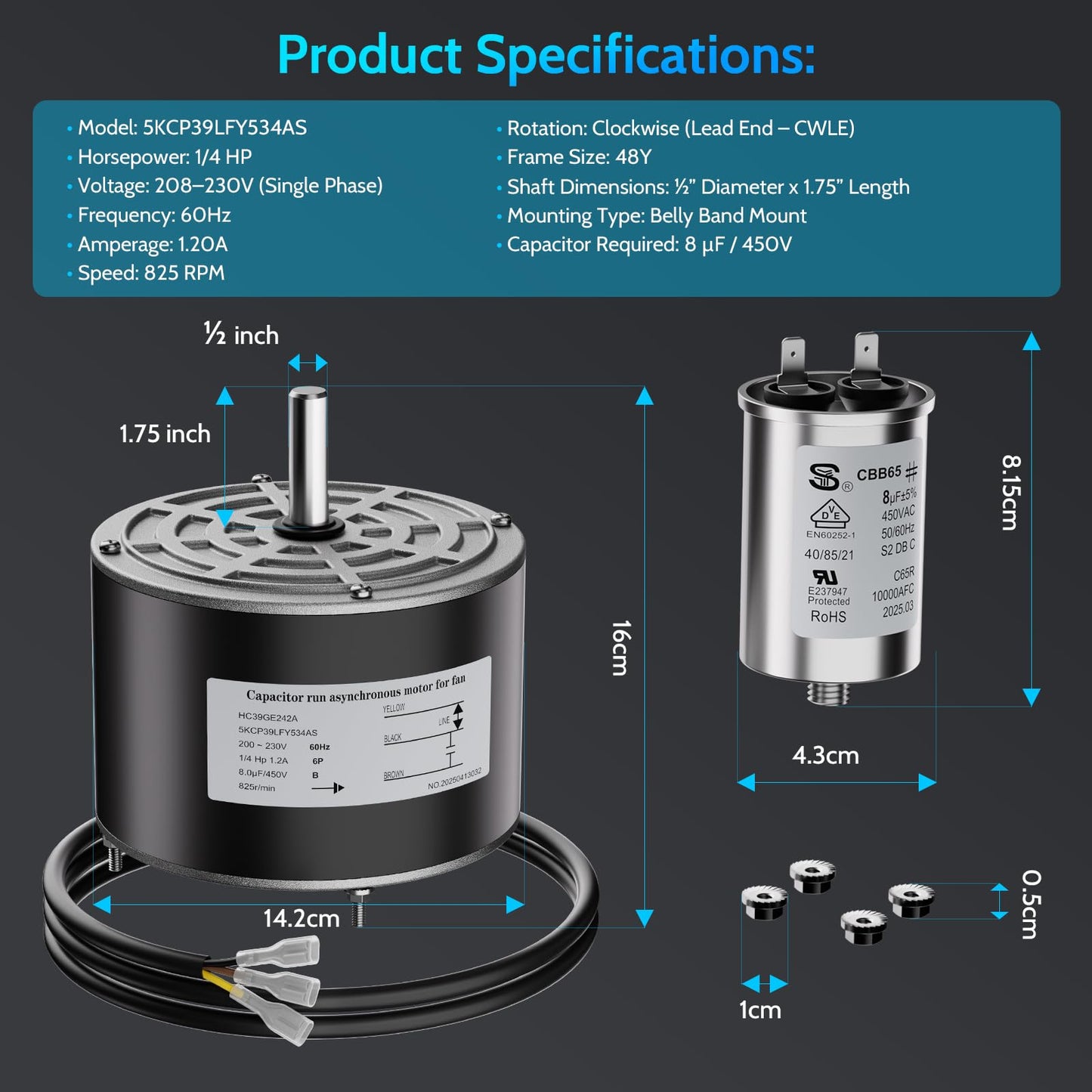 5KCP39LFY534AS Condenser Fan Motor Replacement for Carrier HC39GE242 HC39GE242A HB39GQ232 HB38GE242, 1/4 HP 825 RPM 208-230V 48Y Frame CWLE