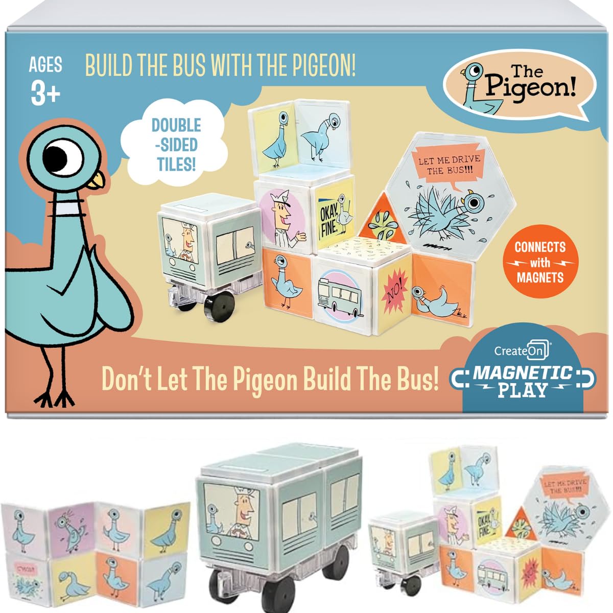 CreateOn Mo Willems - Don't Let The Pigeon Drive The Bus Magnetic Tiles, Magnetic Toy, Travel Toys, Classroom Sensory Toy Blocks, STEM & Montessori Tools for Boys & Girls Ages 3+ (16 Pieces)