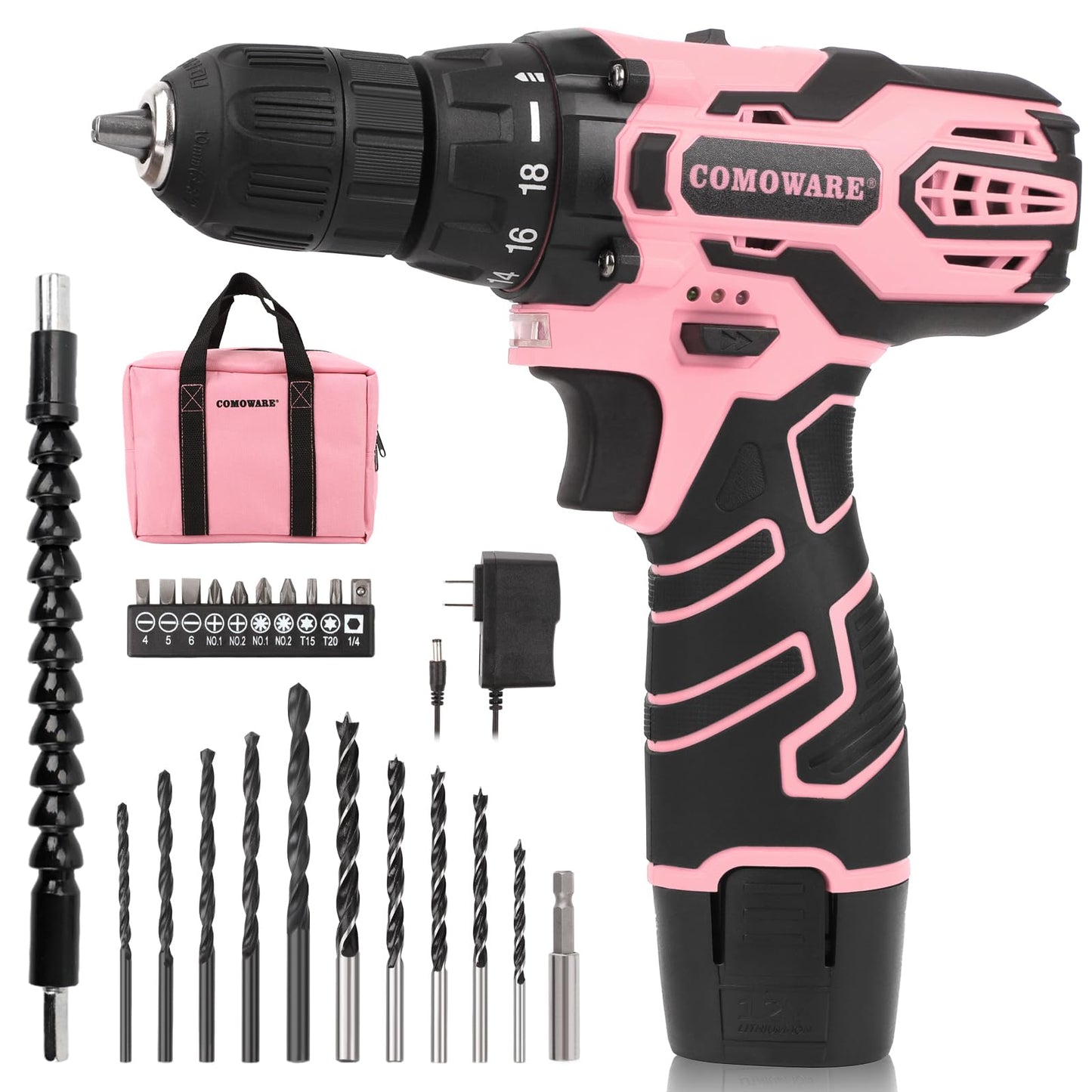 COMOWARE Pink Cordless Drill Set for Women, 12V Lightweight Electric Screwdriver with 3/8" Keyless Chuck, 1.5Ah Battery - Portable Power Drill Kit with Pink Tool Bag for Home DIY Projects