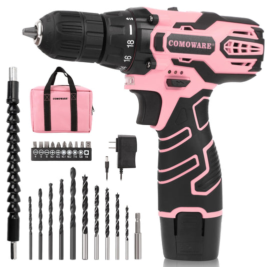 COMOWARE Pink Cordless Drill Set for Women, 12V Lightweight Electric Screwdriver with 3/8" Keyless Chuck, 1.5Ah Battery - Portable Power Drill Kit with Pink Tool Bag for Home DIY Projects
