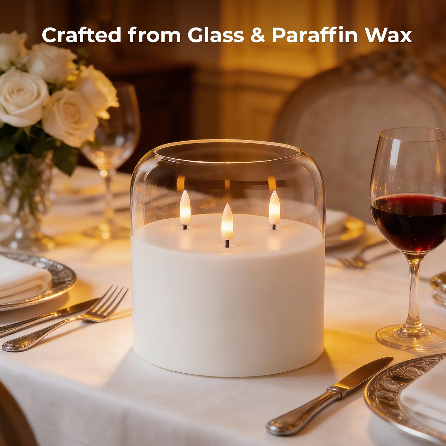 Velsyn 3 Wick Glass Flameless Candle with Remote and Timer, 6"x6" Extra Large Real Wax LED Pillar Candle Battery Operated with 3D Flickering Flame for Festival Wedding Home Party Decor (Clear)
