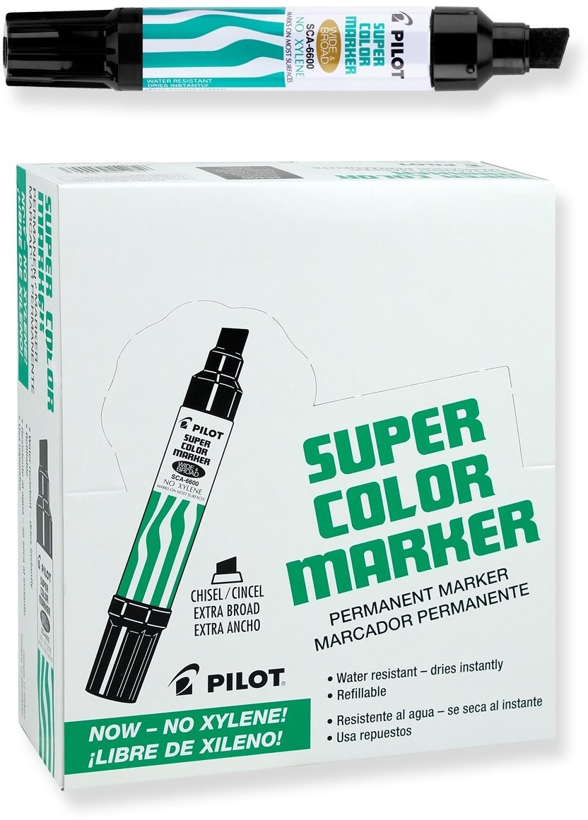 Pilot Super Color Jumbo Refillable Permanent Markers, Xylene-Free Black Ink, Extra-Wide Chisel Point, Jumbo Permanent Markers, 12-Pack