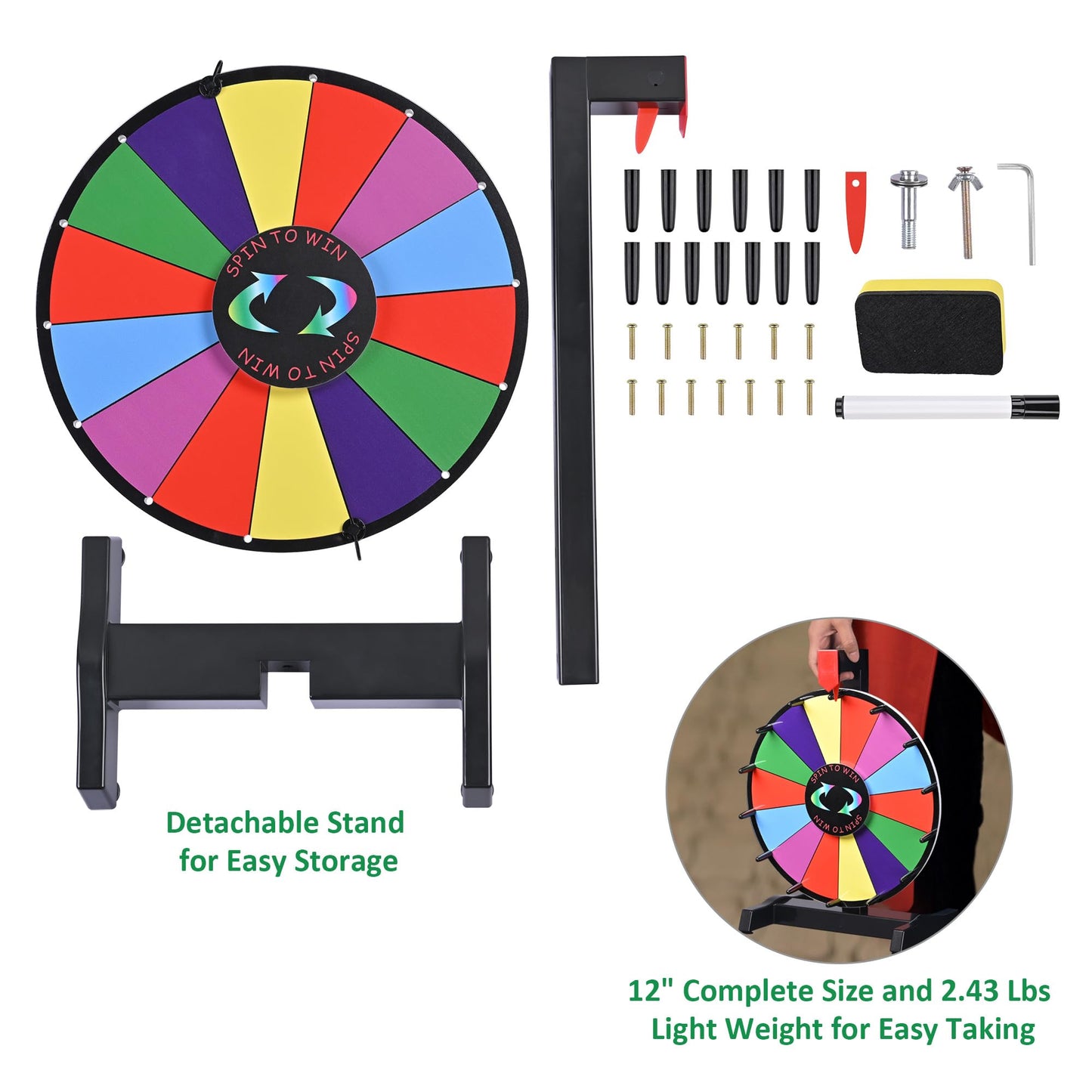 WinSpin 12" Prize Wheel Tabletop 14 Slots Heavy Duty Editable Spinning Wheel for Fortune Spinning Game Carnival & Tradeshow, Classic Series