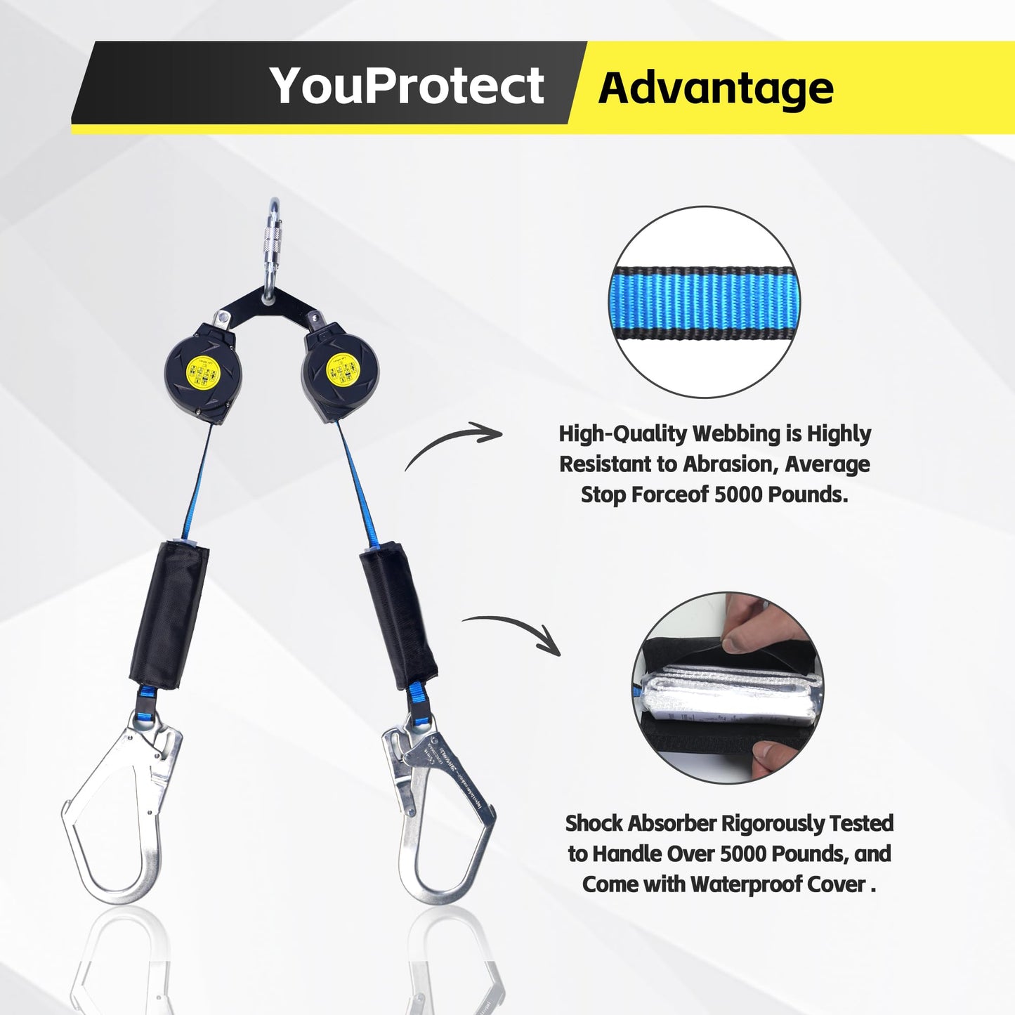 6 FT Dual Leg Self-Retracting Lifeline Web Lanyard Retractable, 2.36 inch Gate Opening Twin Steel Locking Hooks, Double Yoyo, Shock Absorber | Fall Protection OSHA & ANSI Compliant SRL