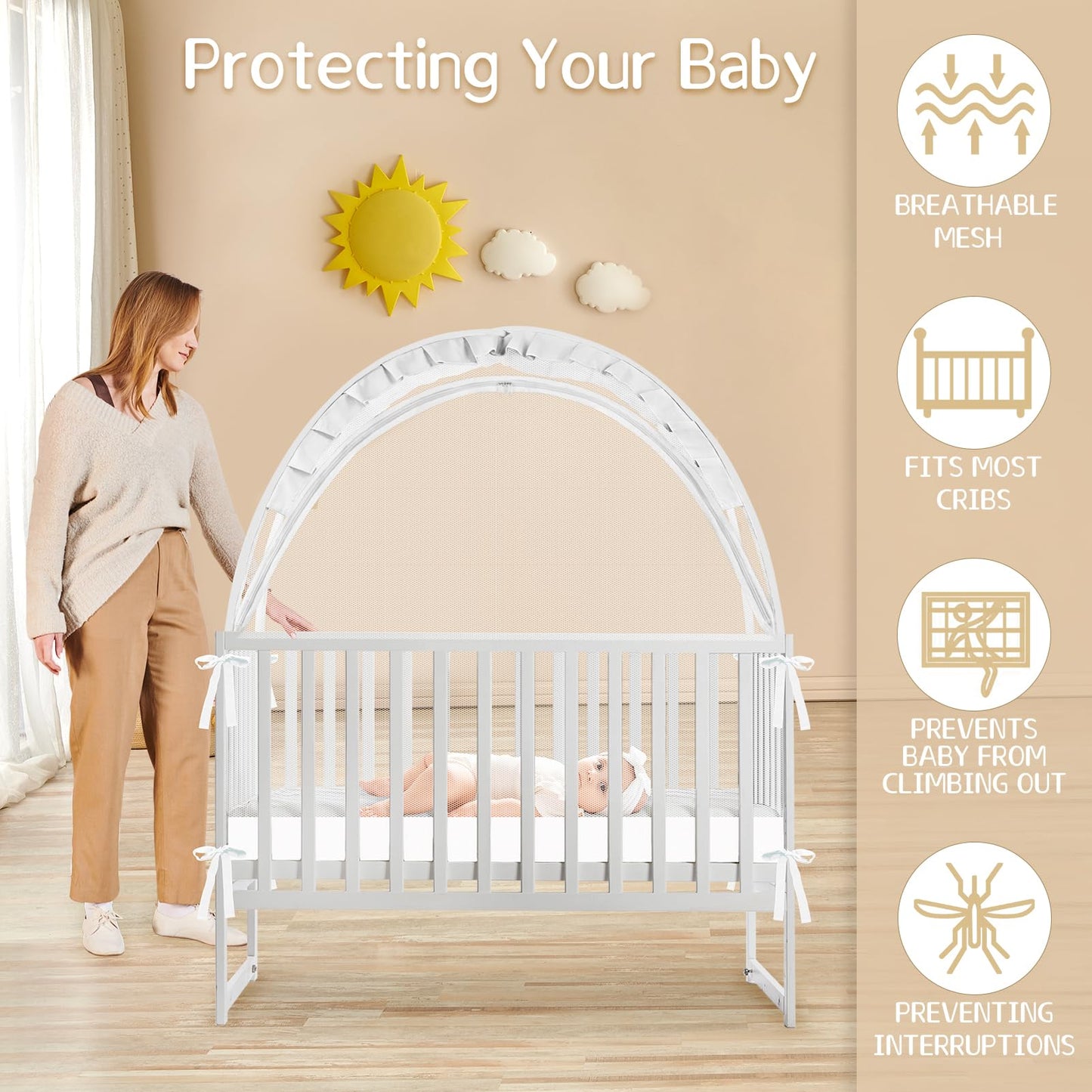 Crib Tent to Keep Baby from Climbing Out, Crib Net to Keep Baby in - Mesh Climbing Prevention, Pop Up Tent with Two-Way Self-Locking Metal Zipper (White, Large)