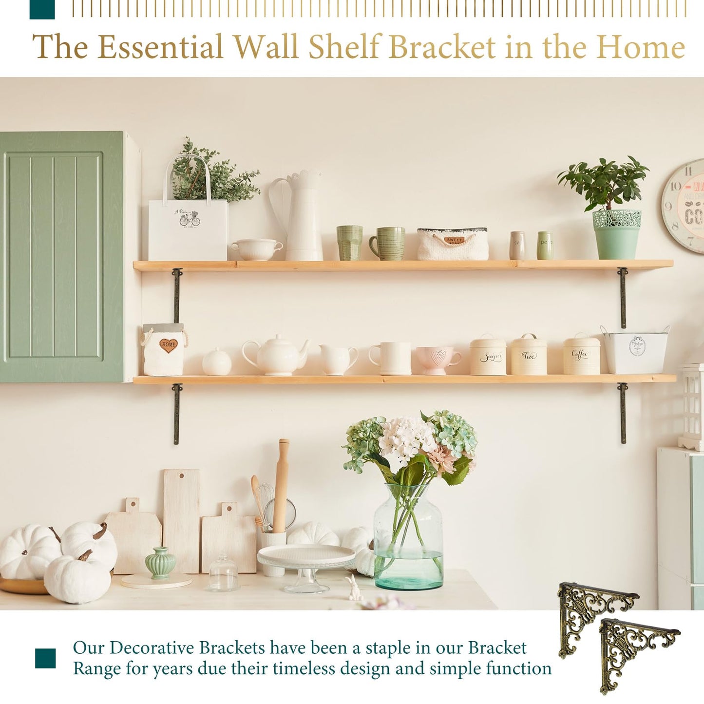 Lounsweer 8 Pcs Heavy Duty Antique Brass Shelf Brackets 8'' Wall Mounted Shelf Brackets Decorative Floating Rack Shelving Hardware for Kitchen Bathroom Home Cabinet Shelves Support (Classic)