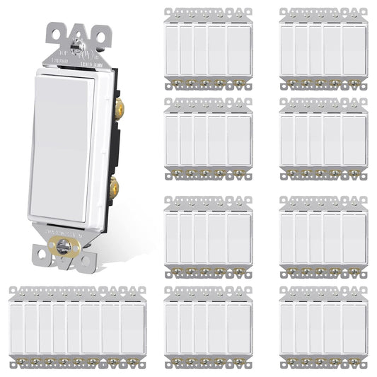 AIDA Single Pole Rocker Decora Light Switch, 15 Amp Self-grounding Electrical Light Switches, Residential Grade, UL Listed (50, Glossy White, Without Wall Plate)